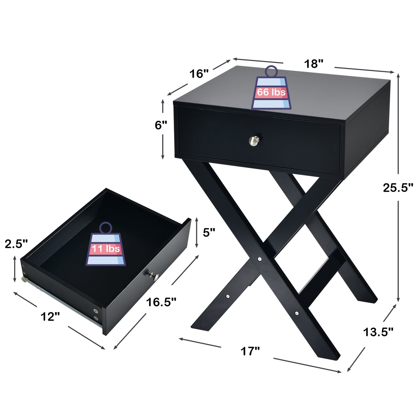 Modern Nightstand with Drawer and X-Frame Base for Bedroom or Living Room - Black