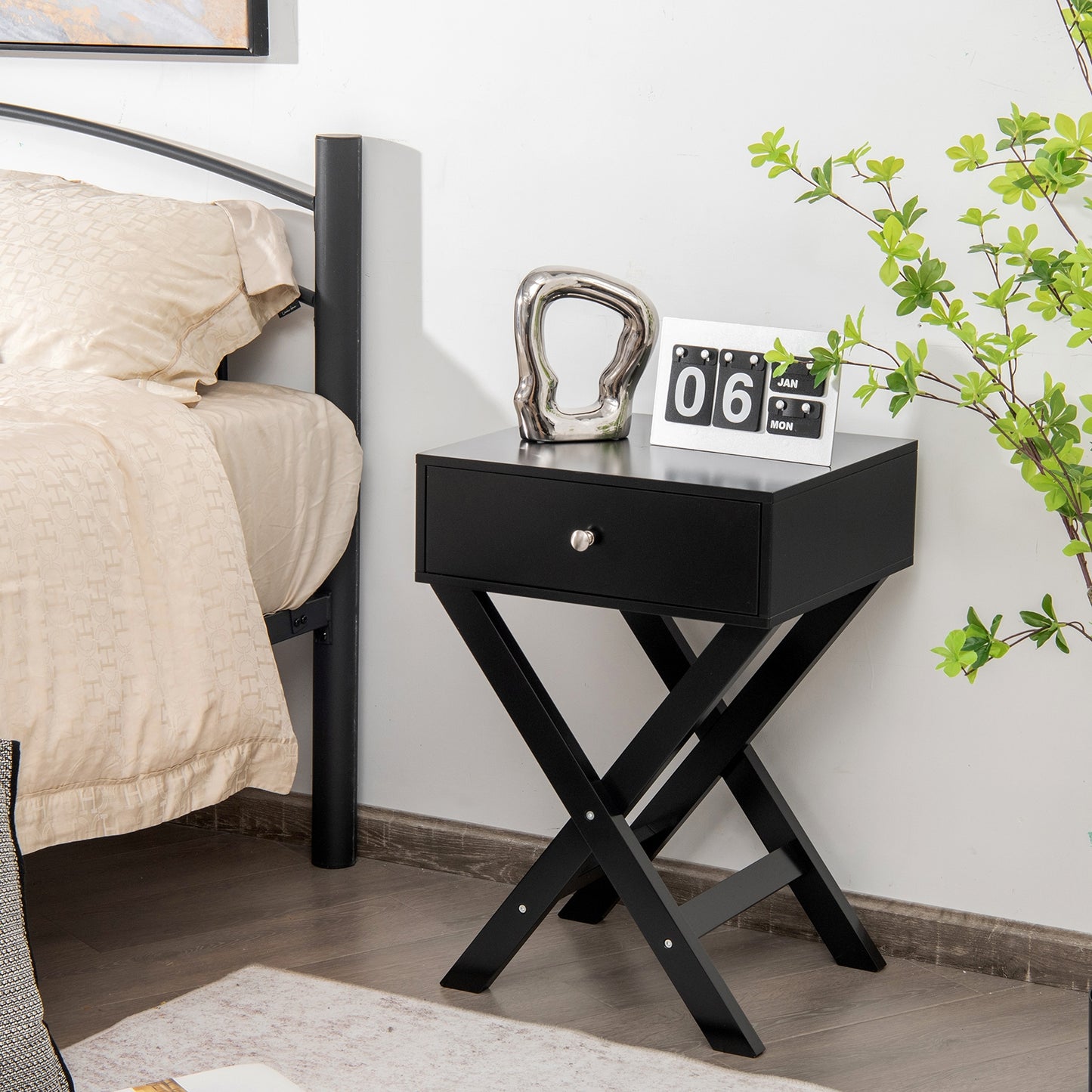Modern Nightstand with Drawer and X-Frame Base for Bedroom or Living Room - Black