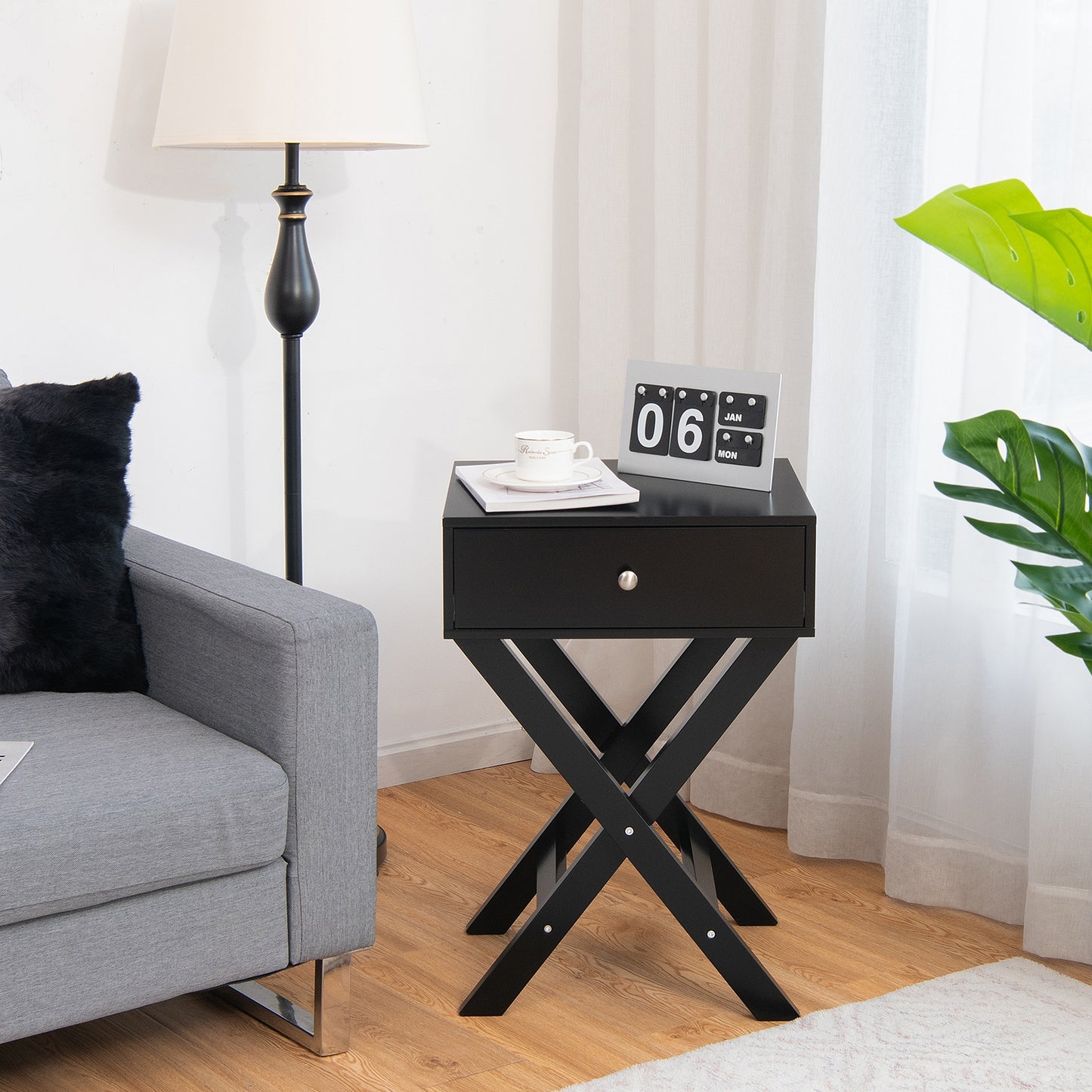 Modern Nightstand with Drawer and X-Frame Base for Bedroom or Living Room - Black