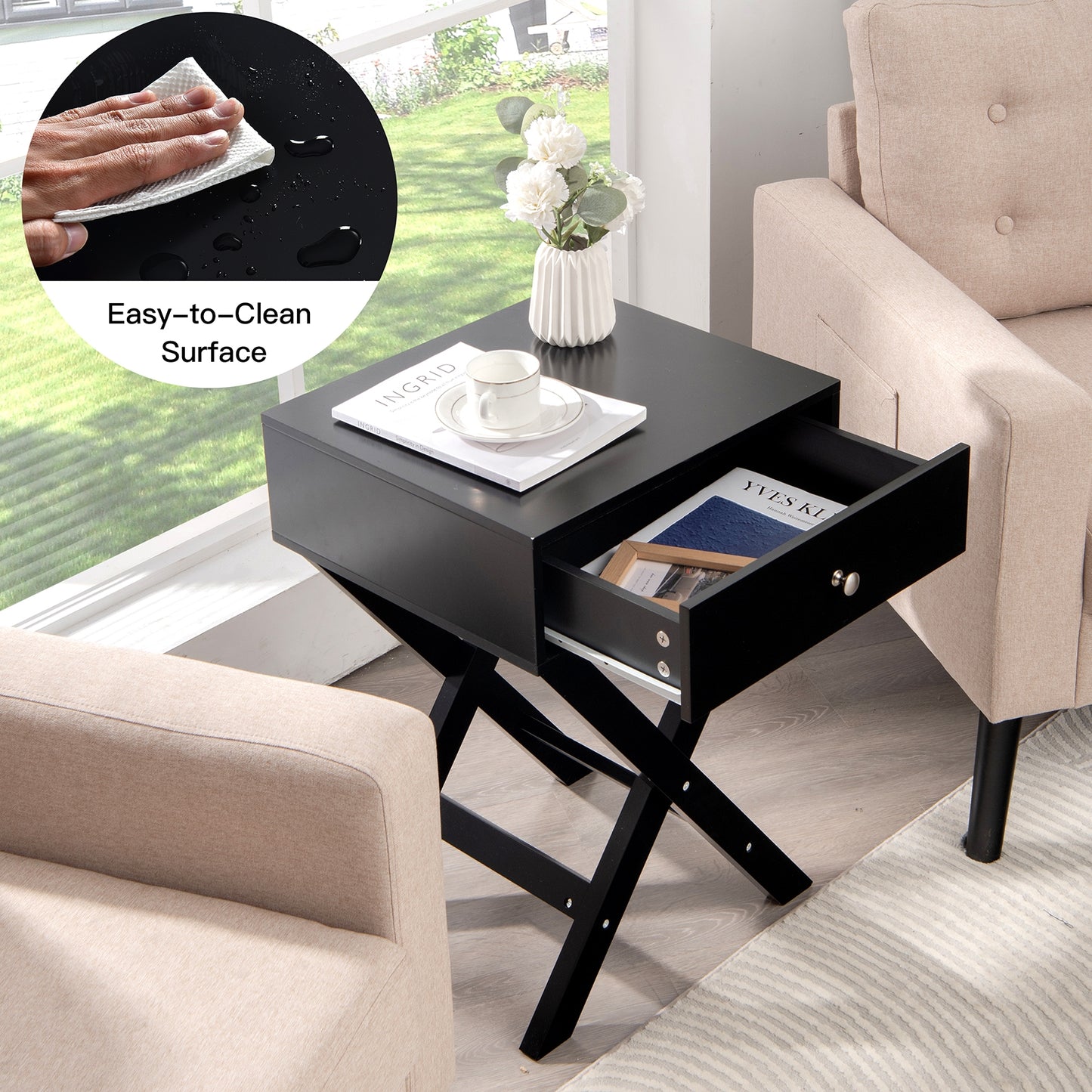 Modern Nightstand with Drawer and X-Frame Base for Bedroom or Living Room - Black