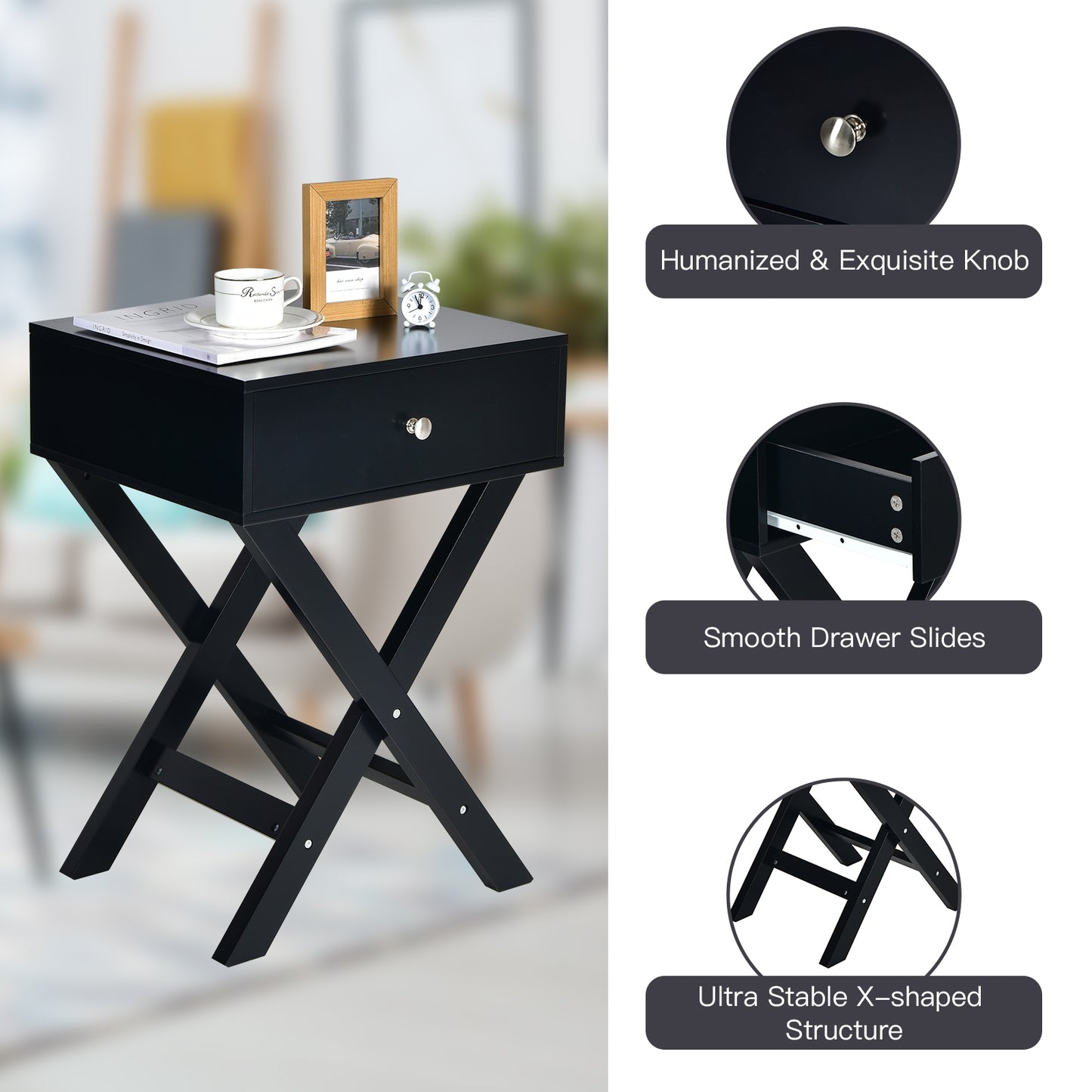 Modern Nightstand with Drawer and X-Frame Base for Bedroom or Living Room - Black