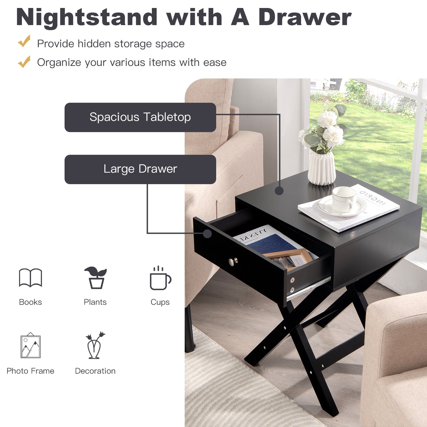 Modern Nightstand with Drawer and X-Frame Base for Bedroom or Living Room - Black