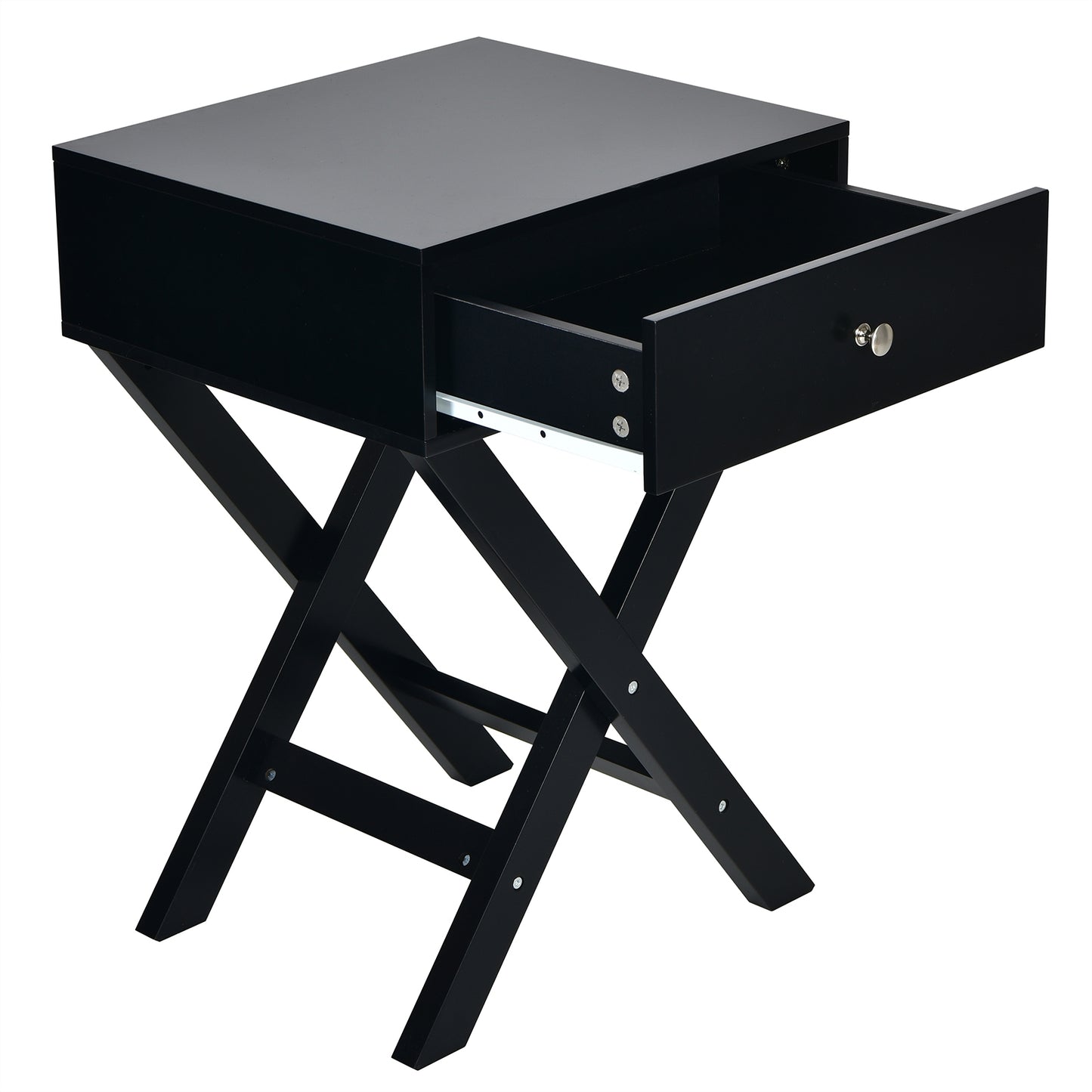 Modern Nightstand with Drawer and X-Frame Base for Bedroom or Living Room - Black