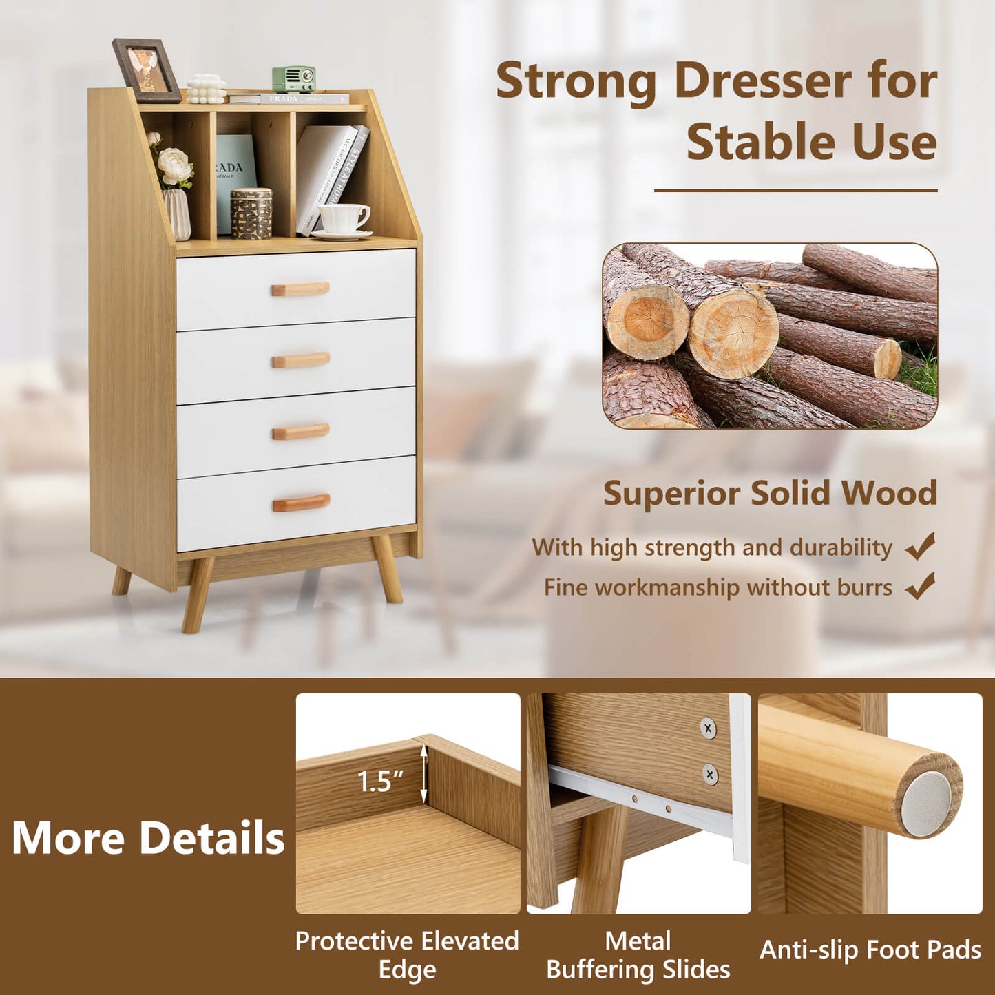 Solid Wood 4-Drawer Dresser with Open Shelves and Anti-Tip Kit, Storage Cabinet for Bedroom or Entryway – Natural Finish