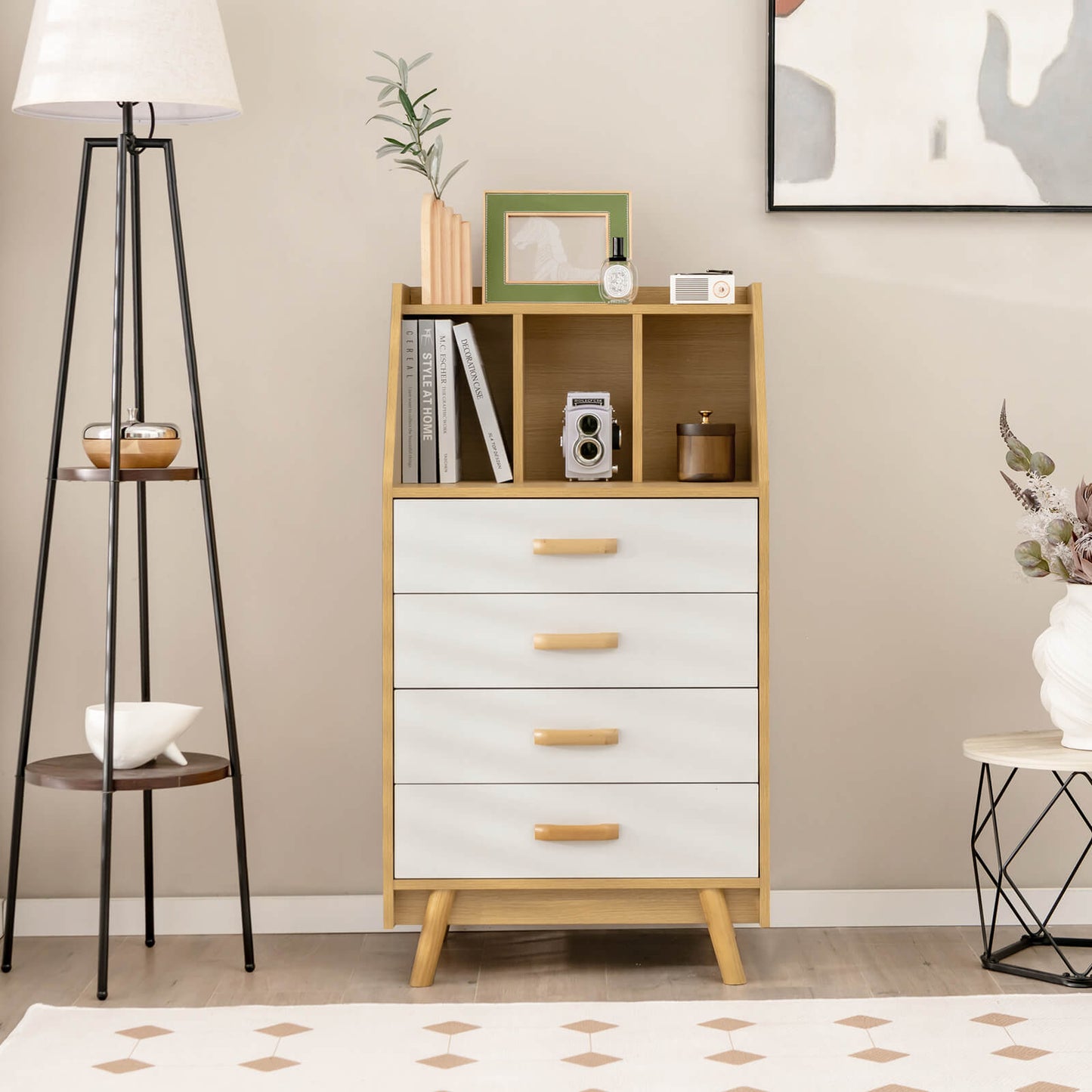 Solid Wood 4-Drawer Dresser with Open Shelves and Anti-Tip Kit, Storage Cabinet for Bedroom or Entryway – Natural Finish