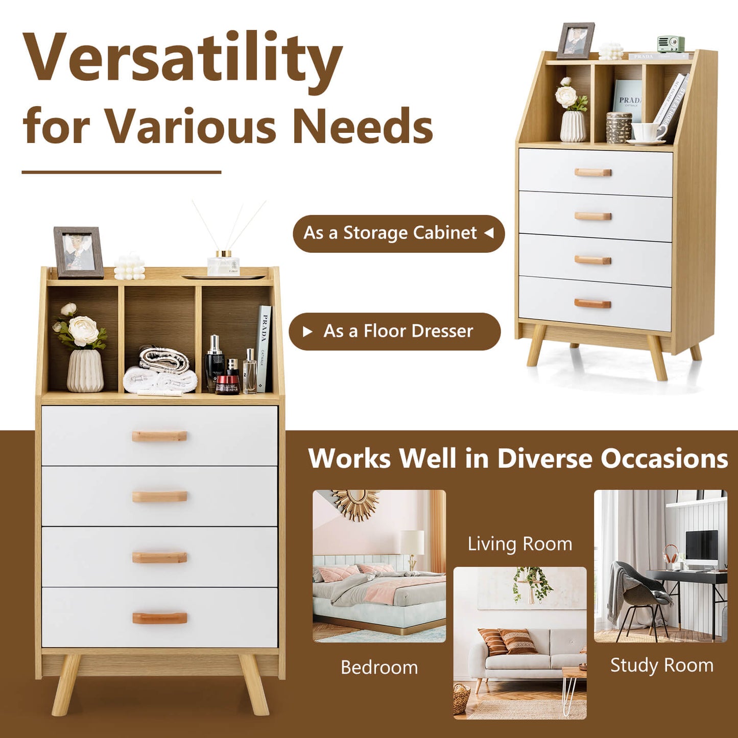 Solid Wood 4-Drawer Dresser with Open Shelves and Anti-Tip Kit, Storage Cabinet for Bedroom or Entryway – Natural Finish