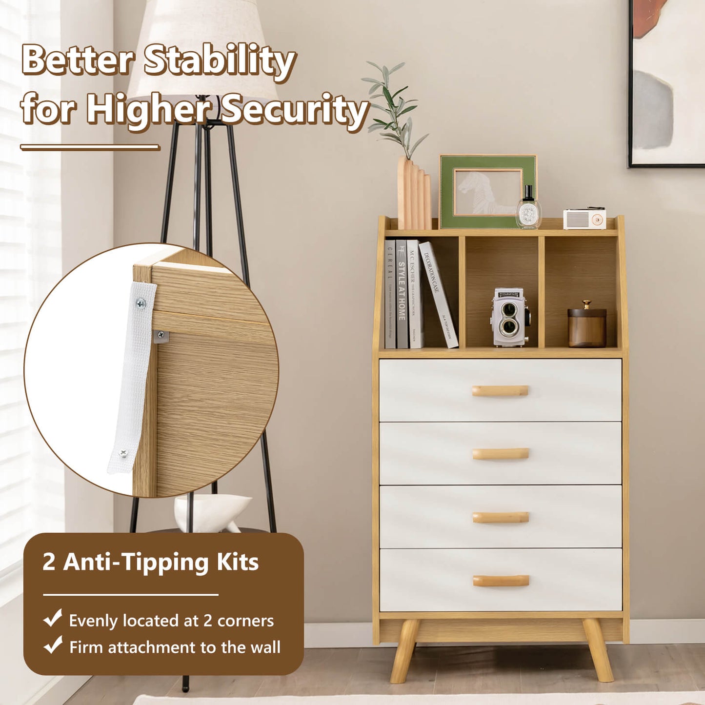 Solid Wood 4-Drawer Dresser with Open Shelves and Anti-Tip Kit, Storage Cabinet for Bedroom or Entryway – Natural Finish