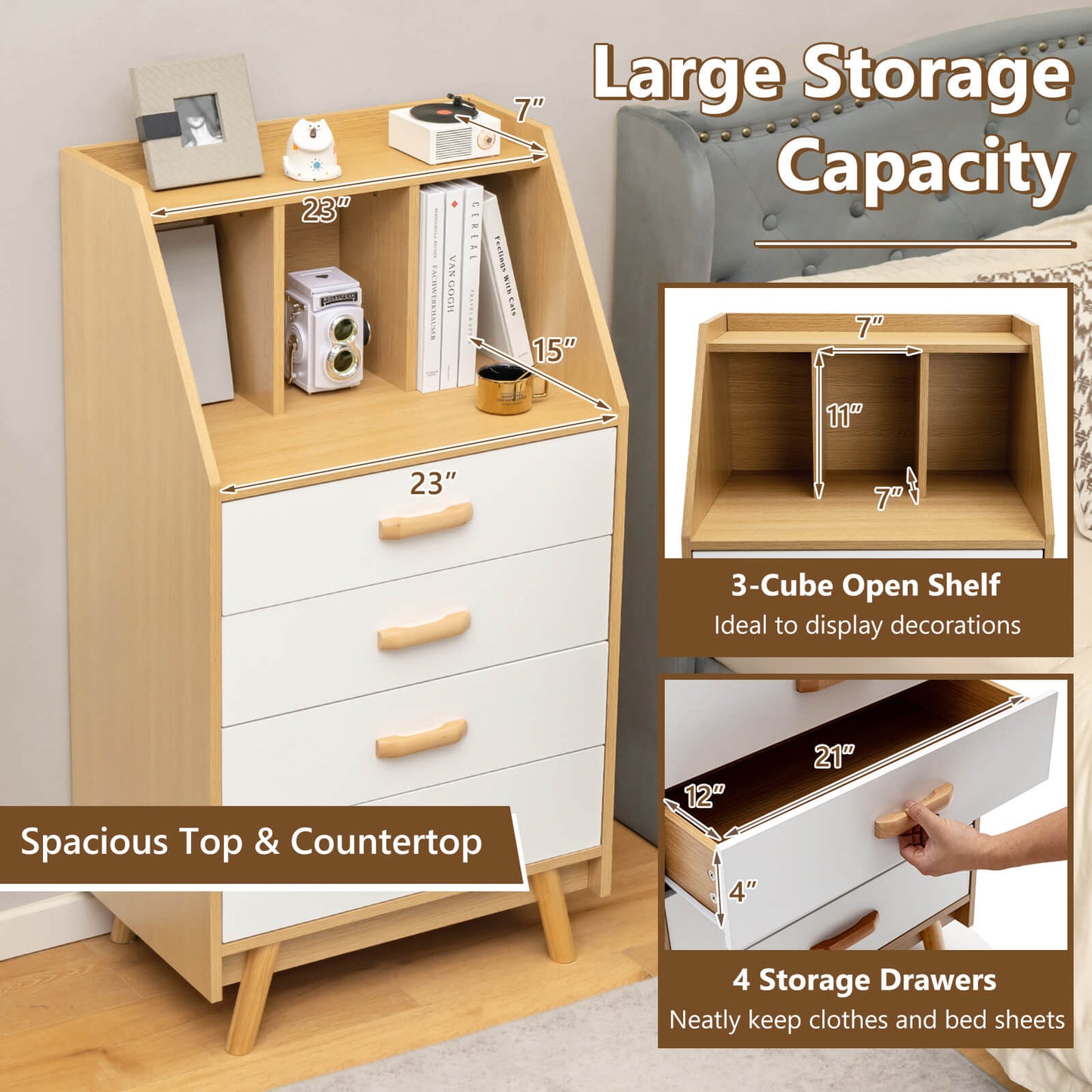 Solid Wood 4-Drawer Dresser with Open Shelves and Anti-Tip Kit, Storage Cabinet for Bedroom or Entryway – Natural Finish