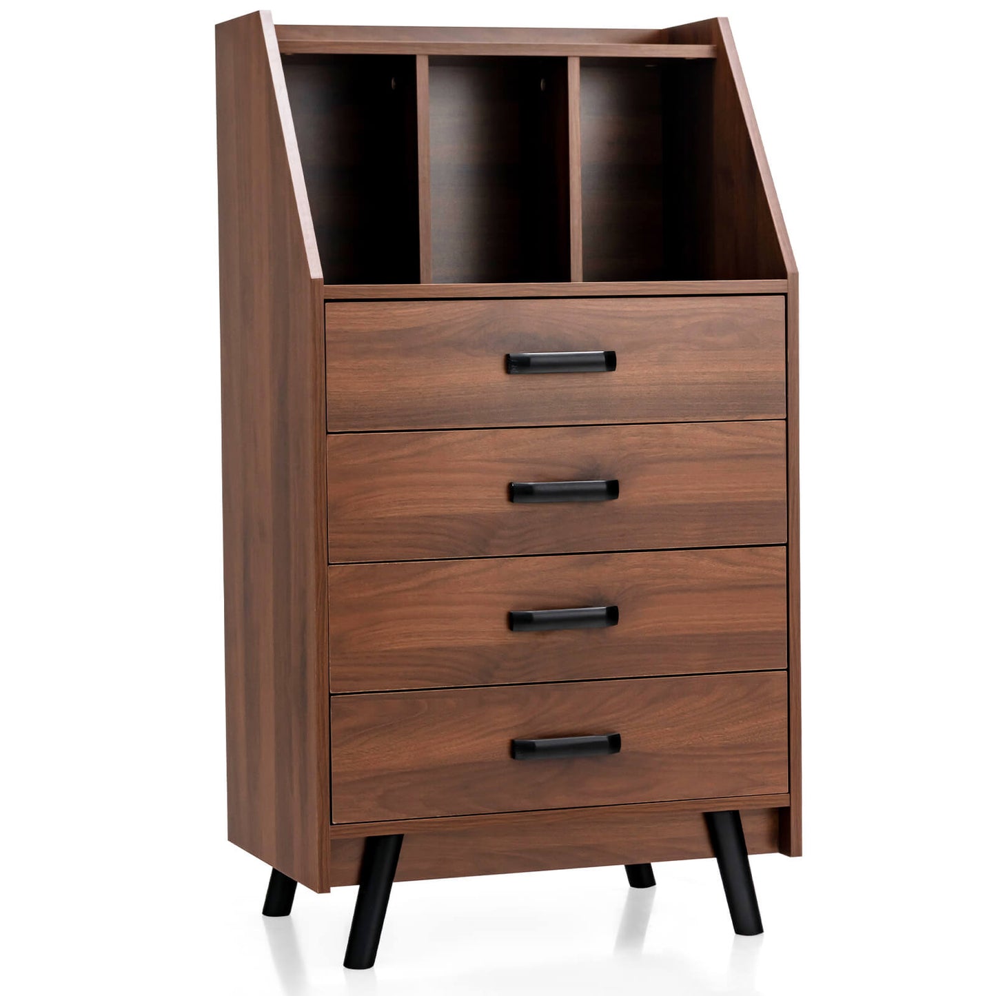Solid Wood 4-Drawer Dresser with Open Shelves and Anti-Tip Kit, Storage Cabinet for Bedroom or Entryway – Walnut Finish