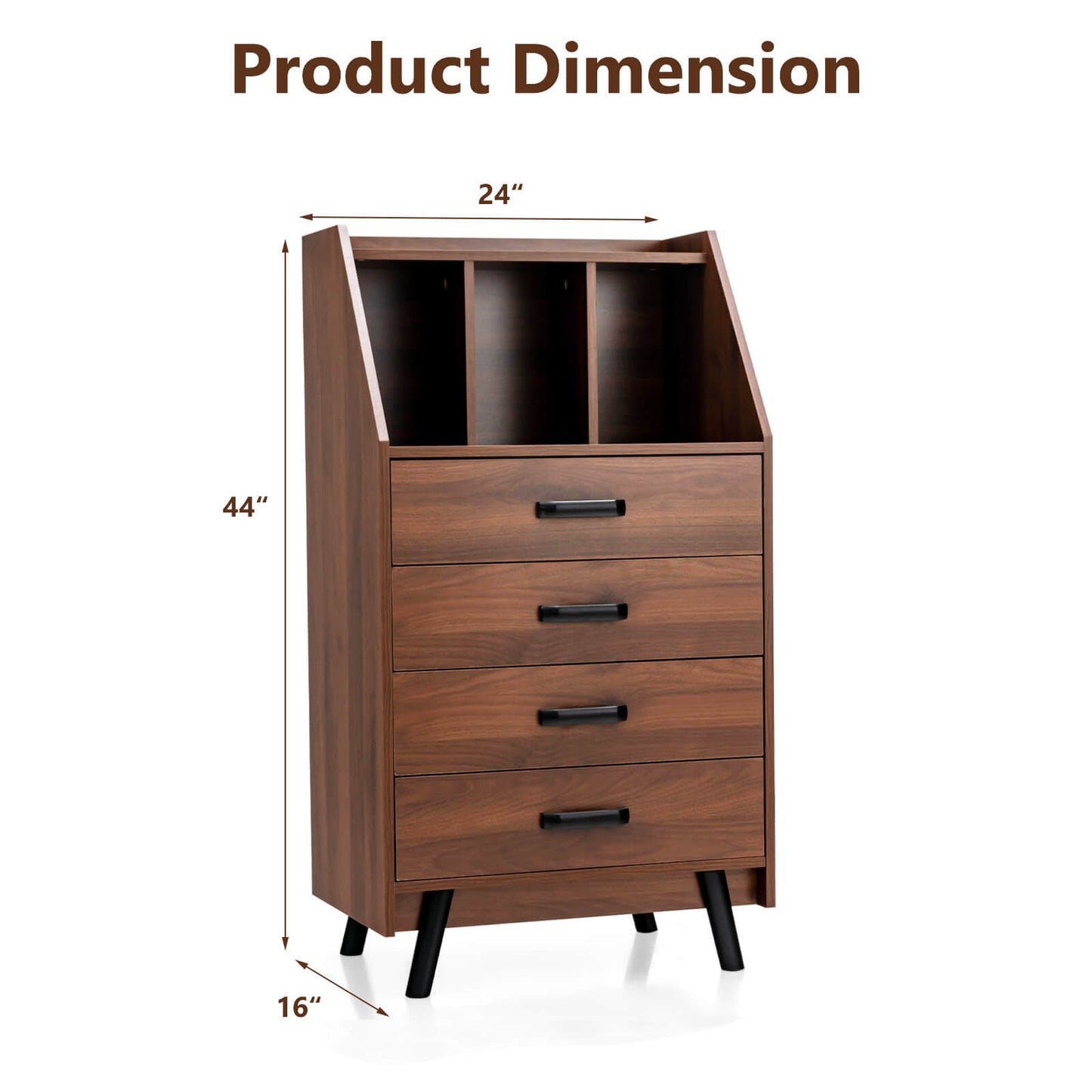 Solid Wood 4-Drawer Dresser with Open Shelves and Anti-Tip Kit, Storage Cabinet for Bedroom or Entryway – Walnut Finish