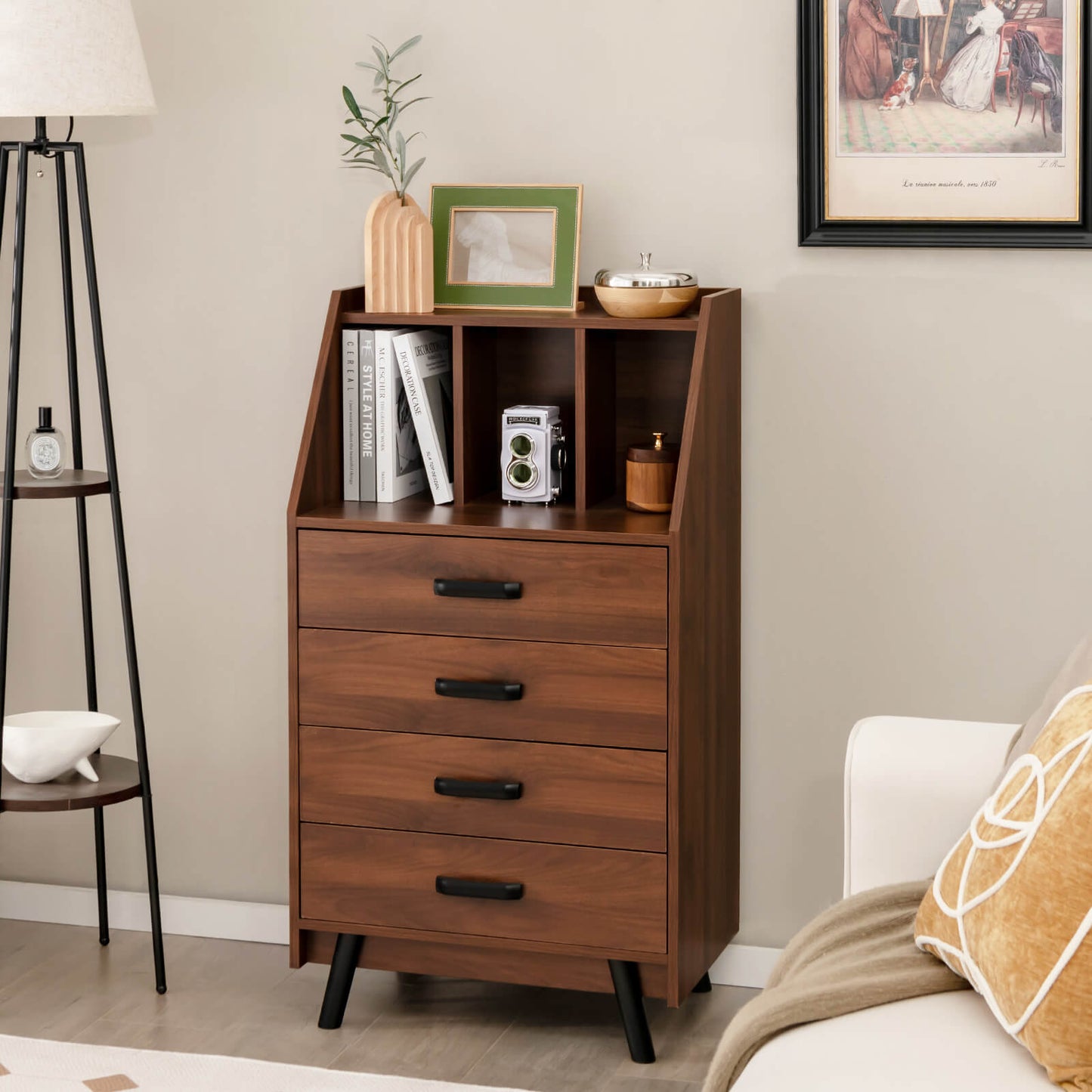 Solid Wood 4-Drawer Dresser with Open Shelves and Anti-Tip Kit, Storage Cabinet for Bedroom or Entryway – Walnut Finish