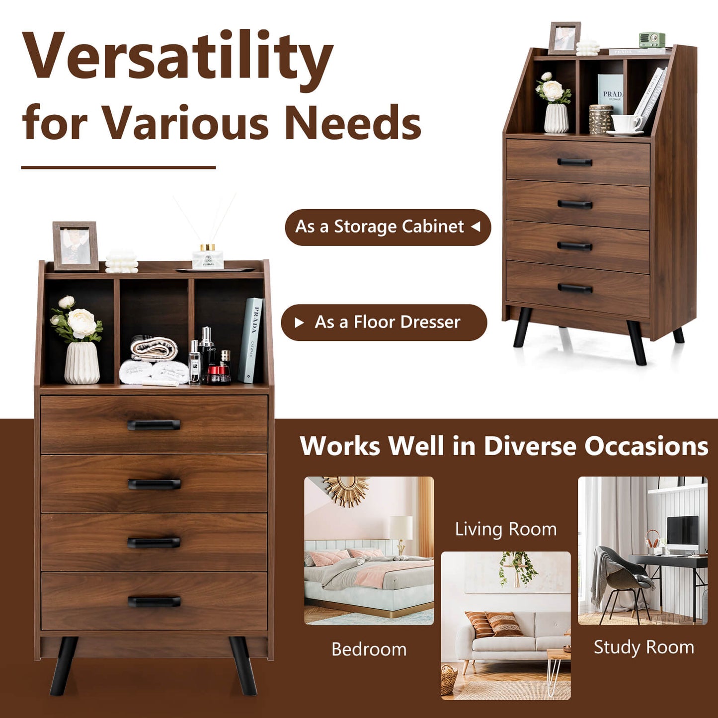 Solid Wood 4-Drawer Dresser with Open Shelves and Anti-Tip Kit, Storage Cabinet for Bedroom or Entryway – Walnut Finish