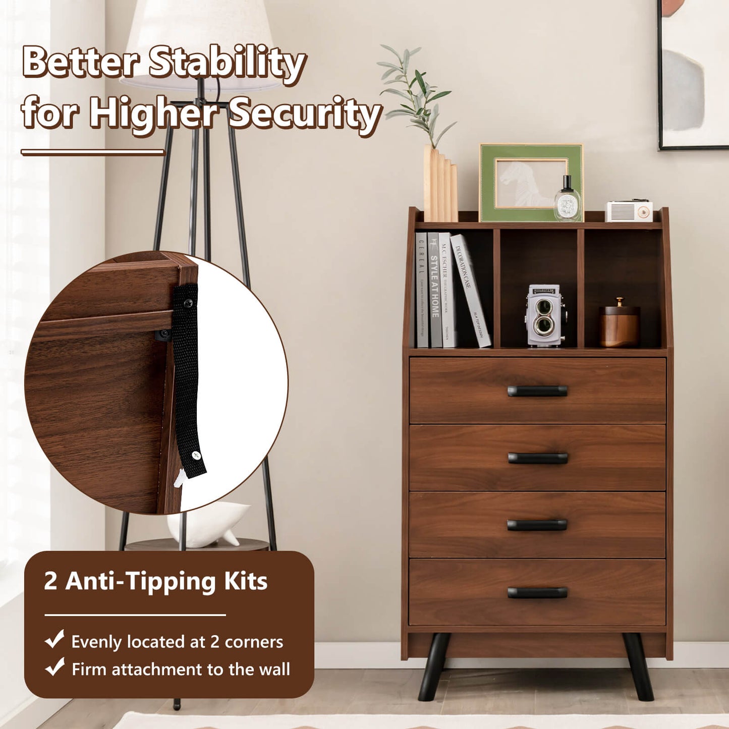 Solid Wood 4-Drawer Dresser with Open Shelves and Anti-Tip Kit, Storage Cabinet for Bedroom or Entryway – Walnut Finish