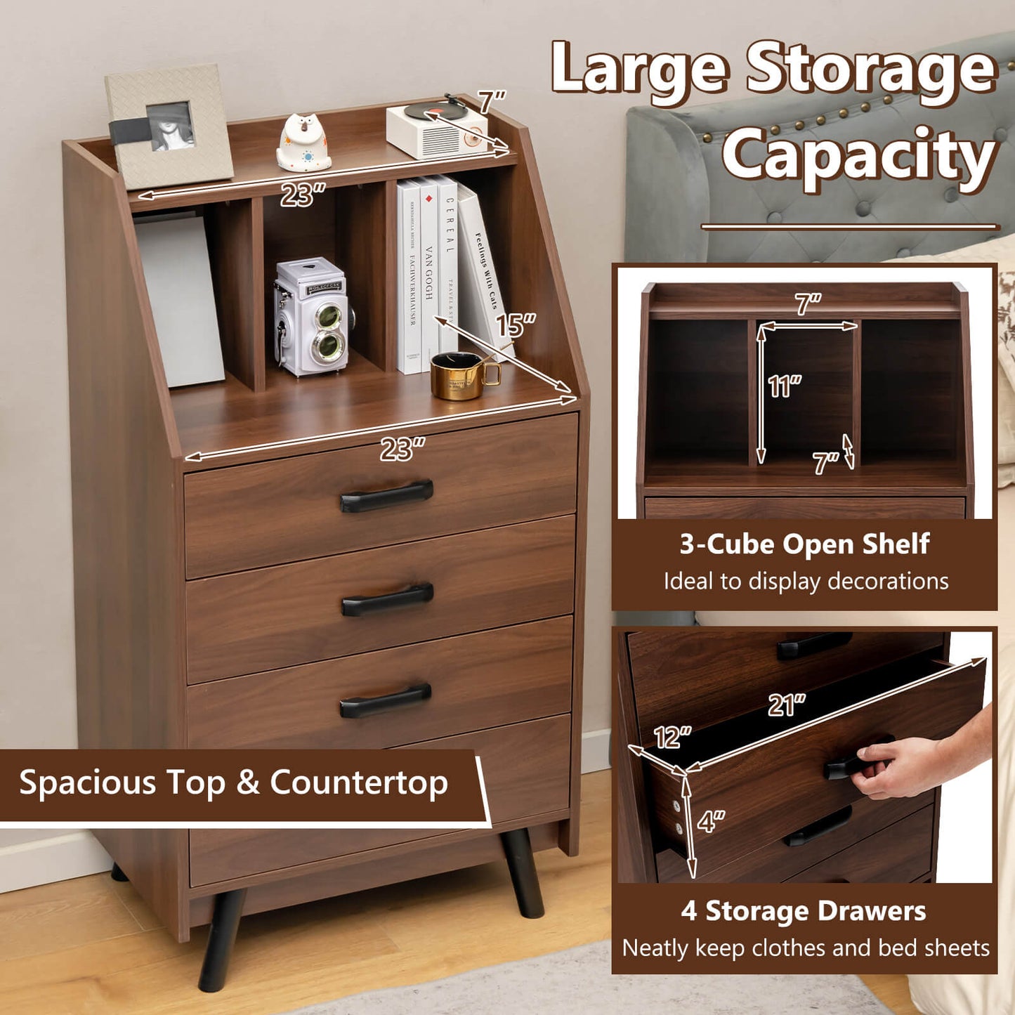 Solid Wood 4-Drawer Dresser with Open Shelves and Anti-Tip Kit, Storage Cabinet for Bedroom or Entryway – Walnut Finish
