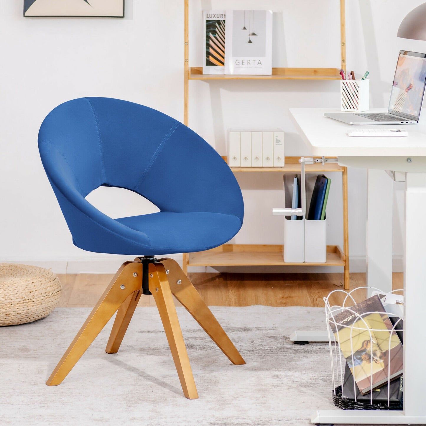 360 Degree Swivel Upholstered Accent Chair with Curved Back and Beech Legs - Blue