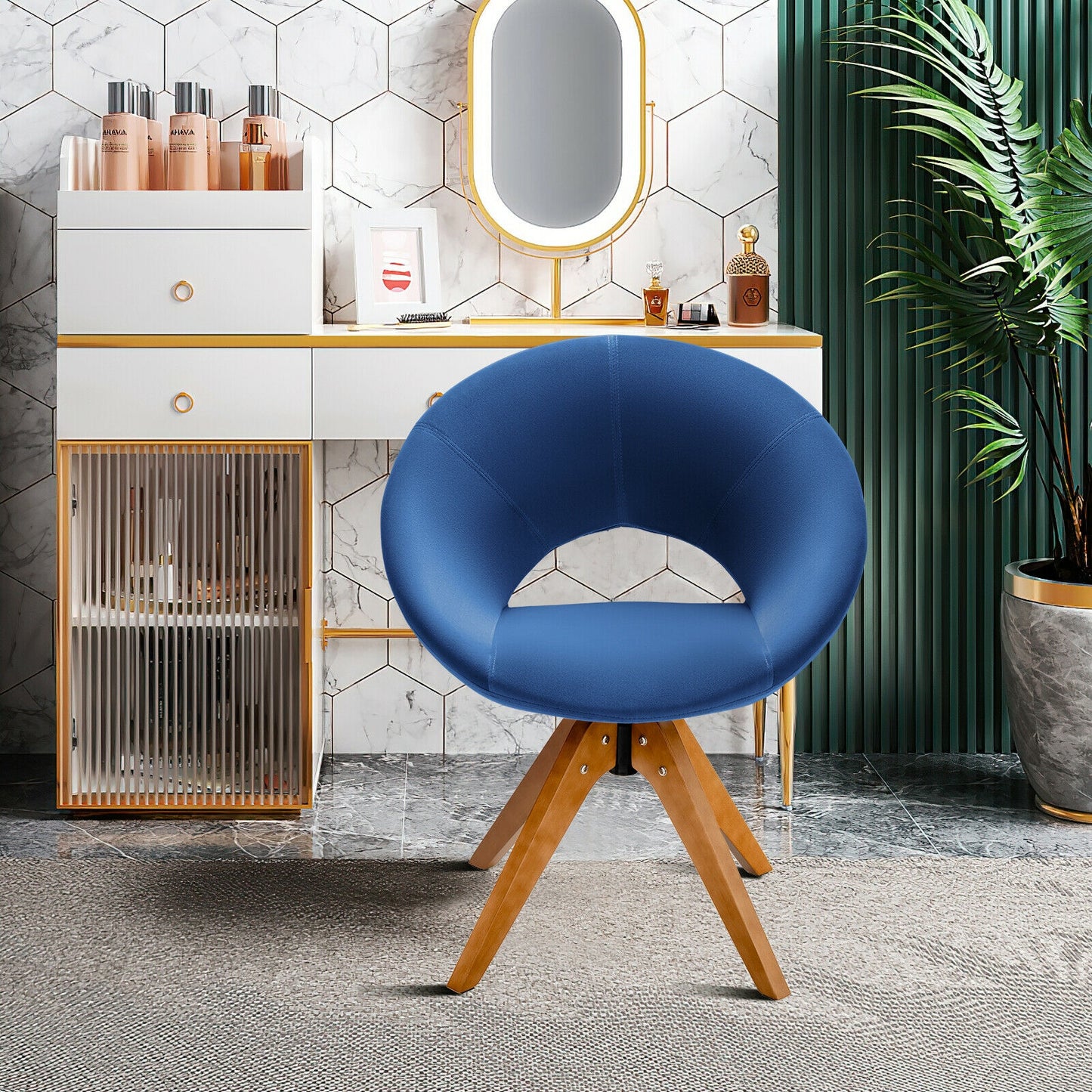 360 Degree Swivel Upholstered Accent Chair with Curved Back and Beech Legs - Blue