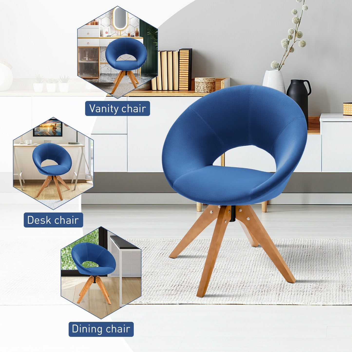 360 Degree Swivel Upholstered Accent Chair with Curved Back and Beech Legs - Blue