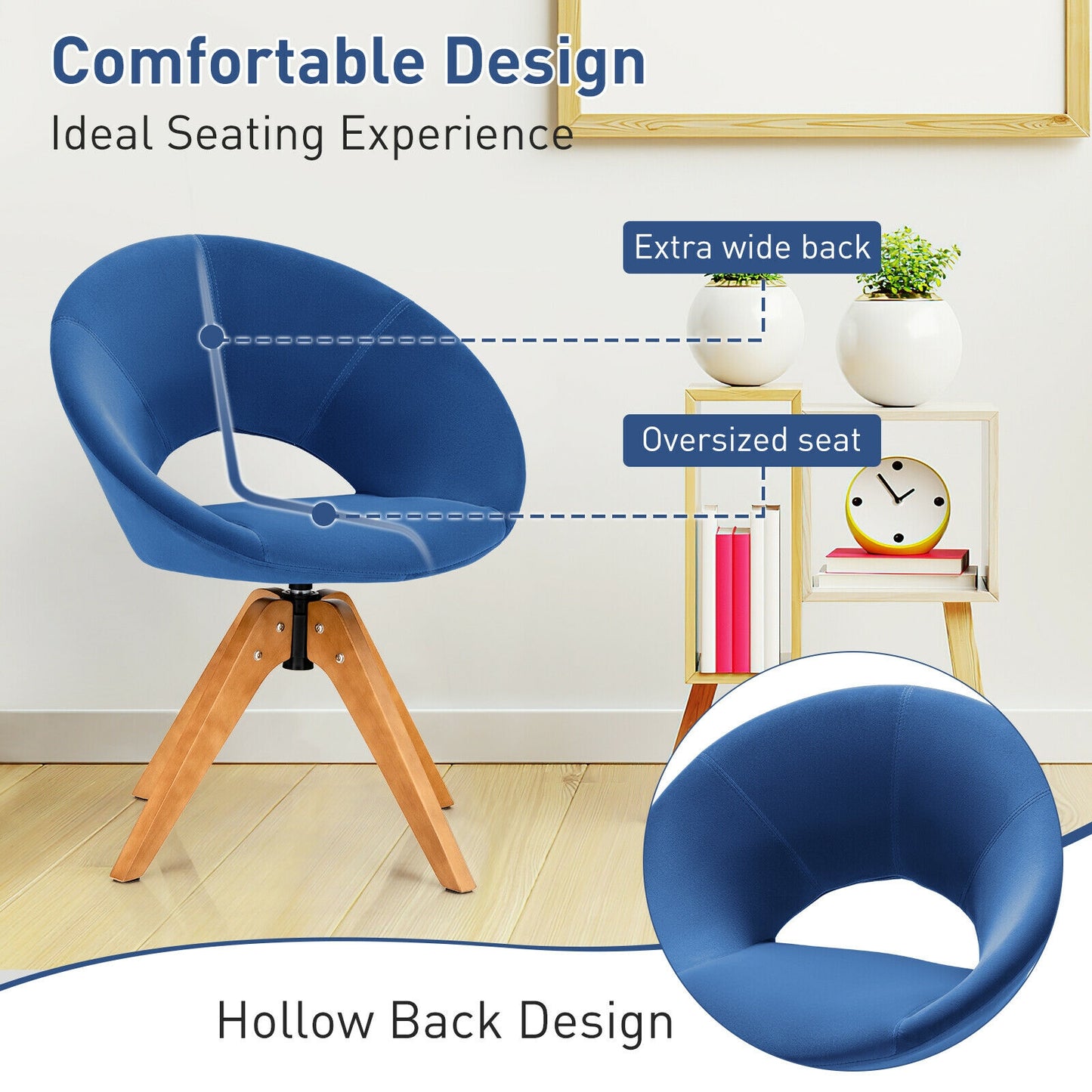 360 Degree Swivel Upholstered Accent Chair with Curved Back and Beech Legs - Blue