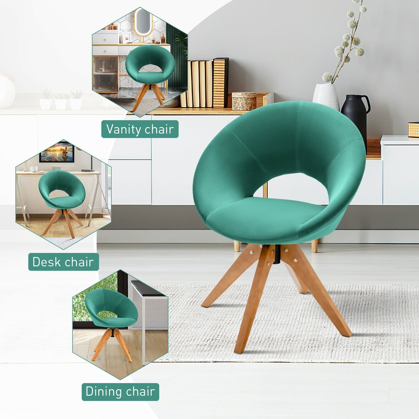360 Degree Swivel Upholstered Accent Chair with Curved Back and Beech Legs - Green