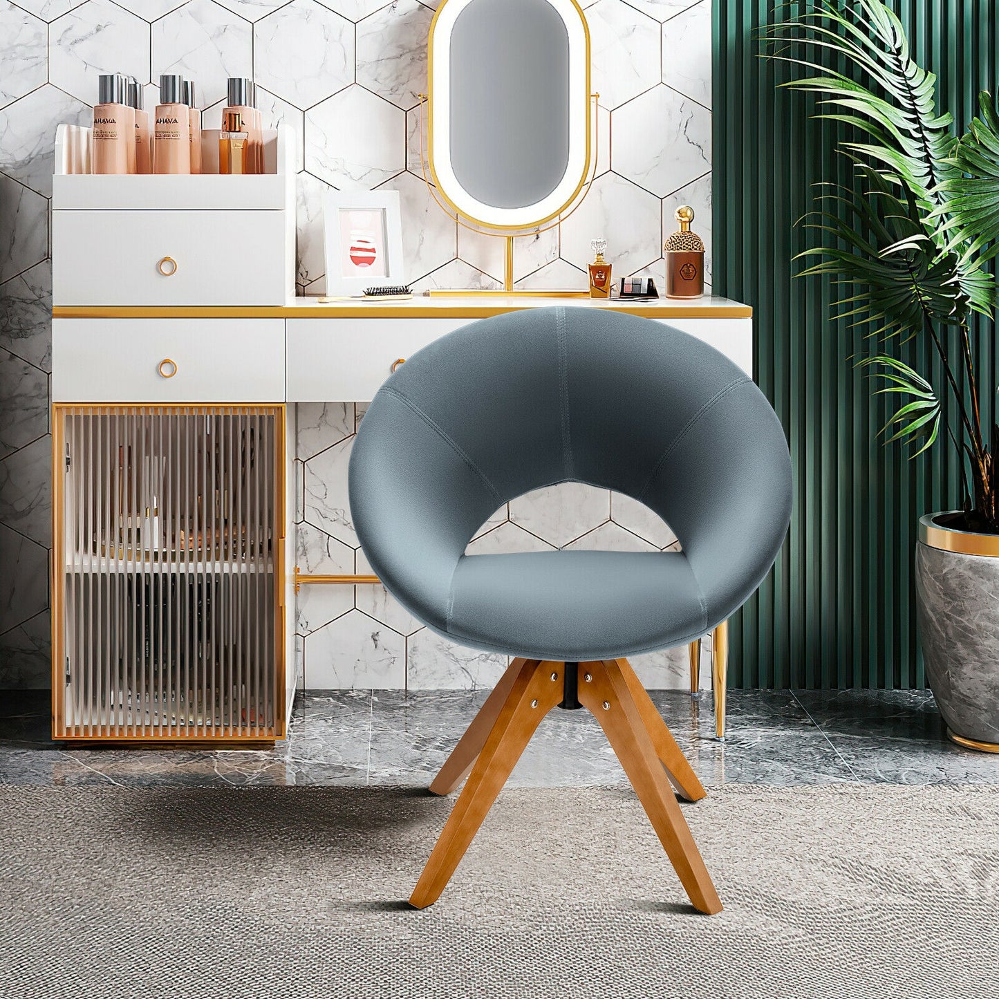 360 Degree Swivel Upholstered Accent Chair with Curved Back and Beech Legs - Grey