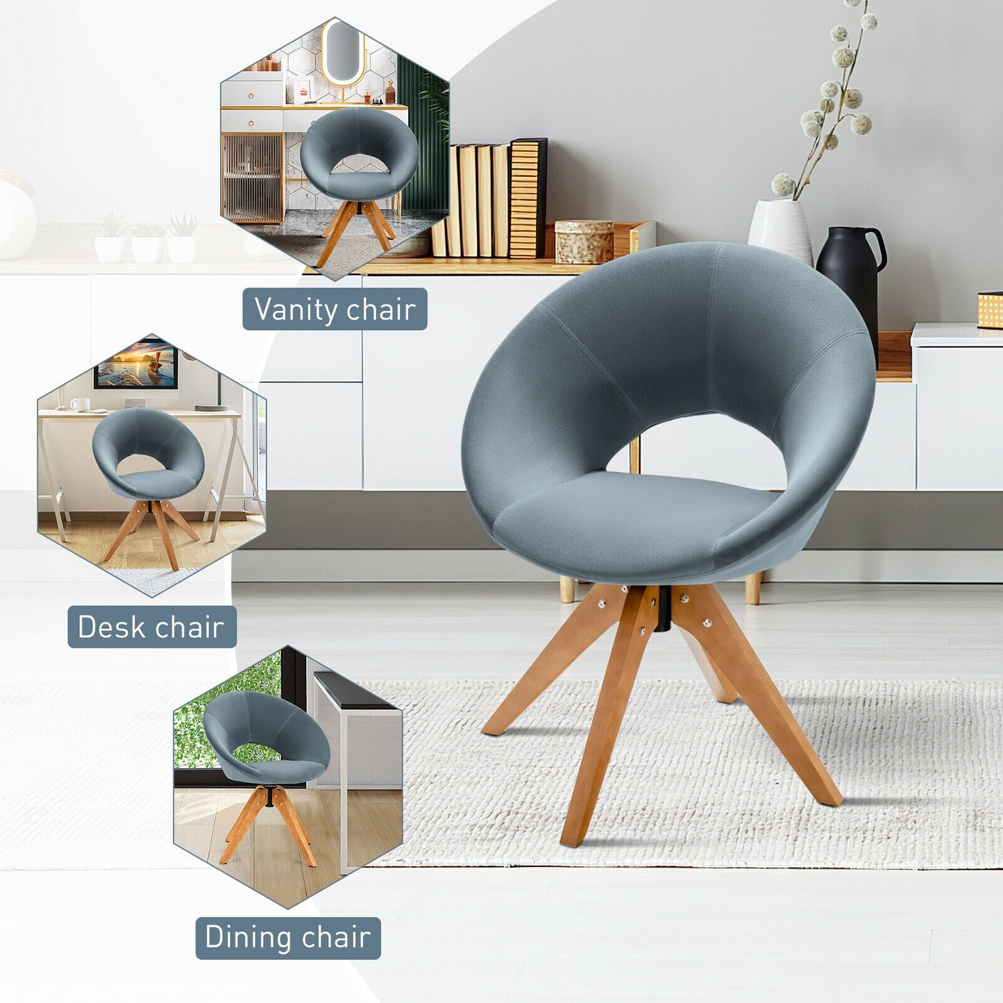 360 Degree Swivel Upholstered Accent Chair with Curved Back and Beech Legs - Grey