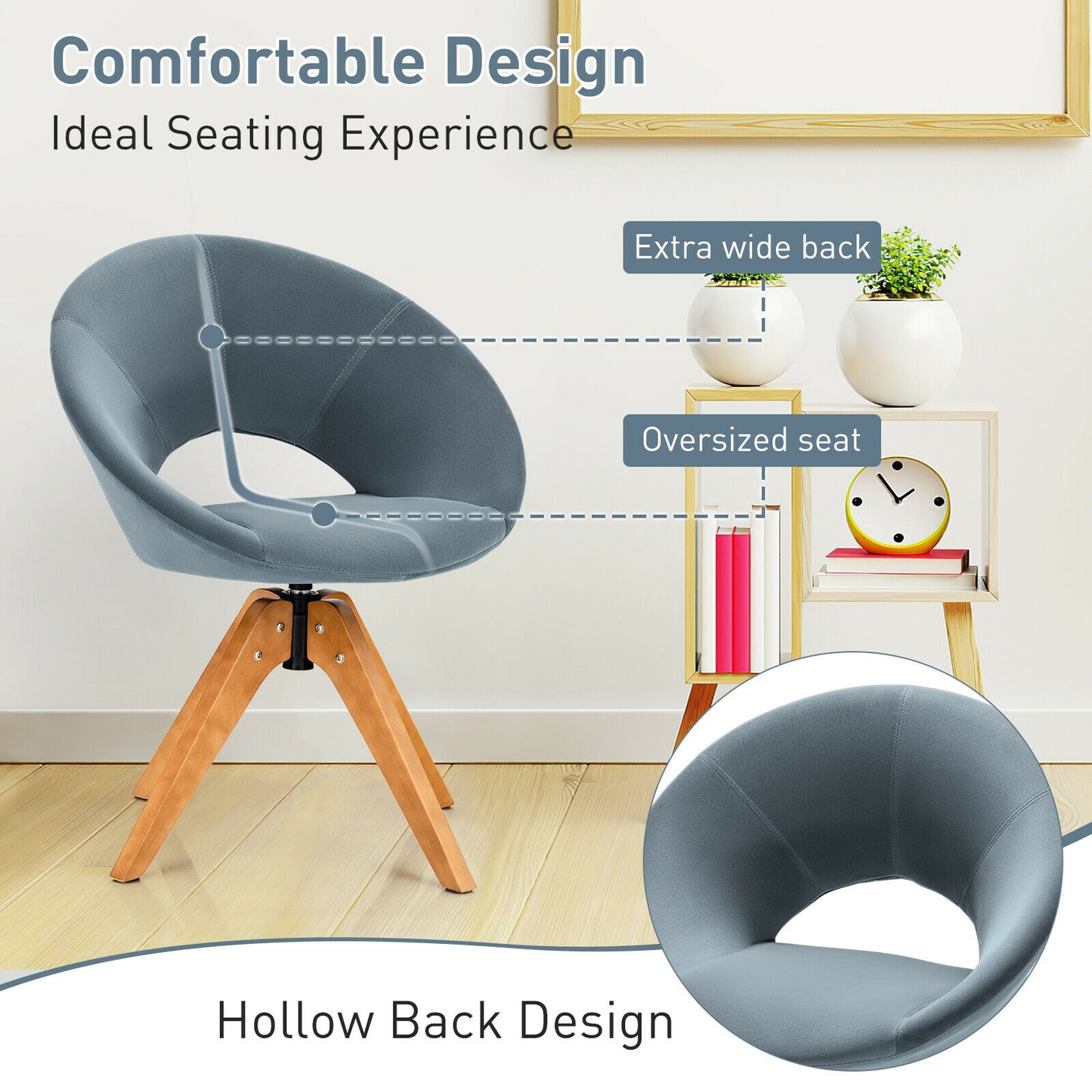 360 Degree Swivel Upholstered Accent Chair with Curved Back and Beech Legs - Grey