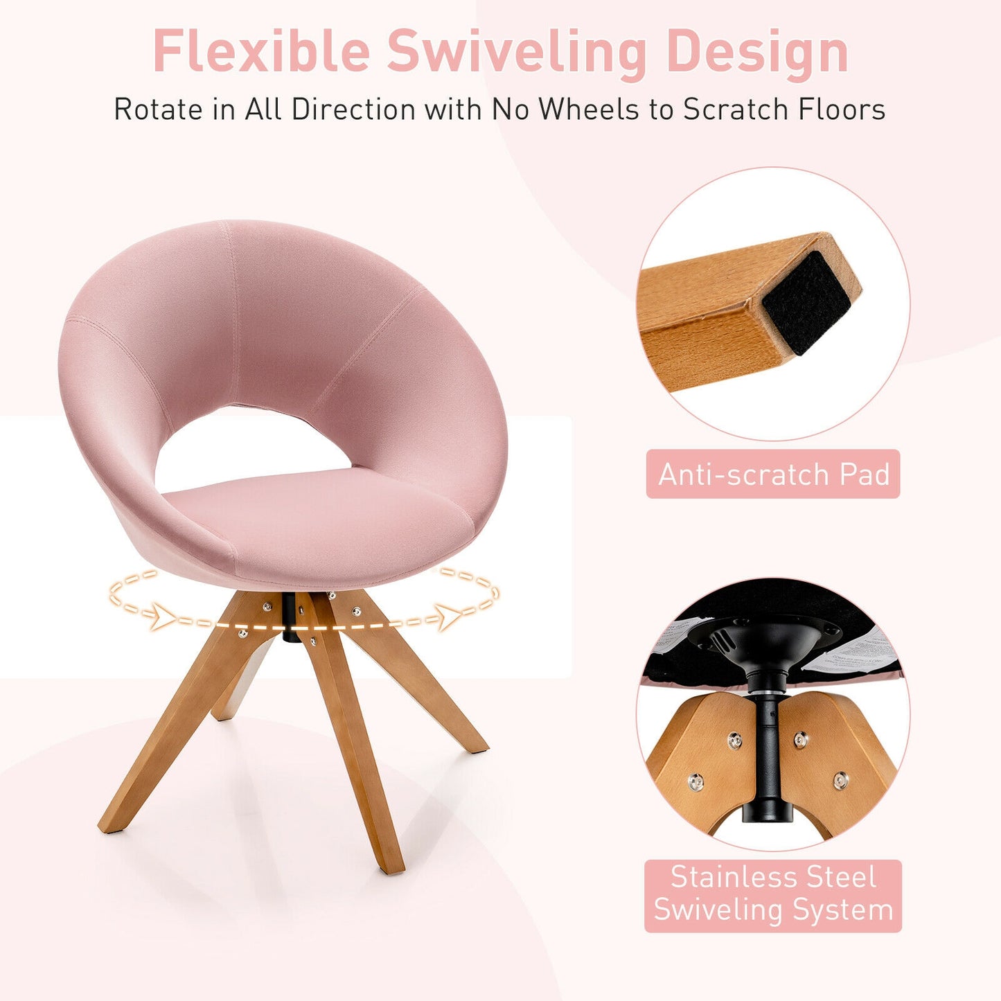 360 Degree Swivel Upholstered Accent Chair with Curved Back and Beech Legs - Pink
