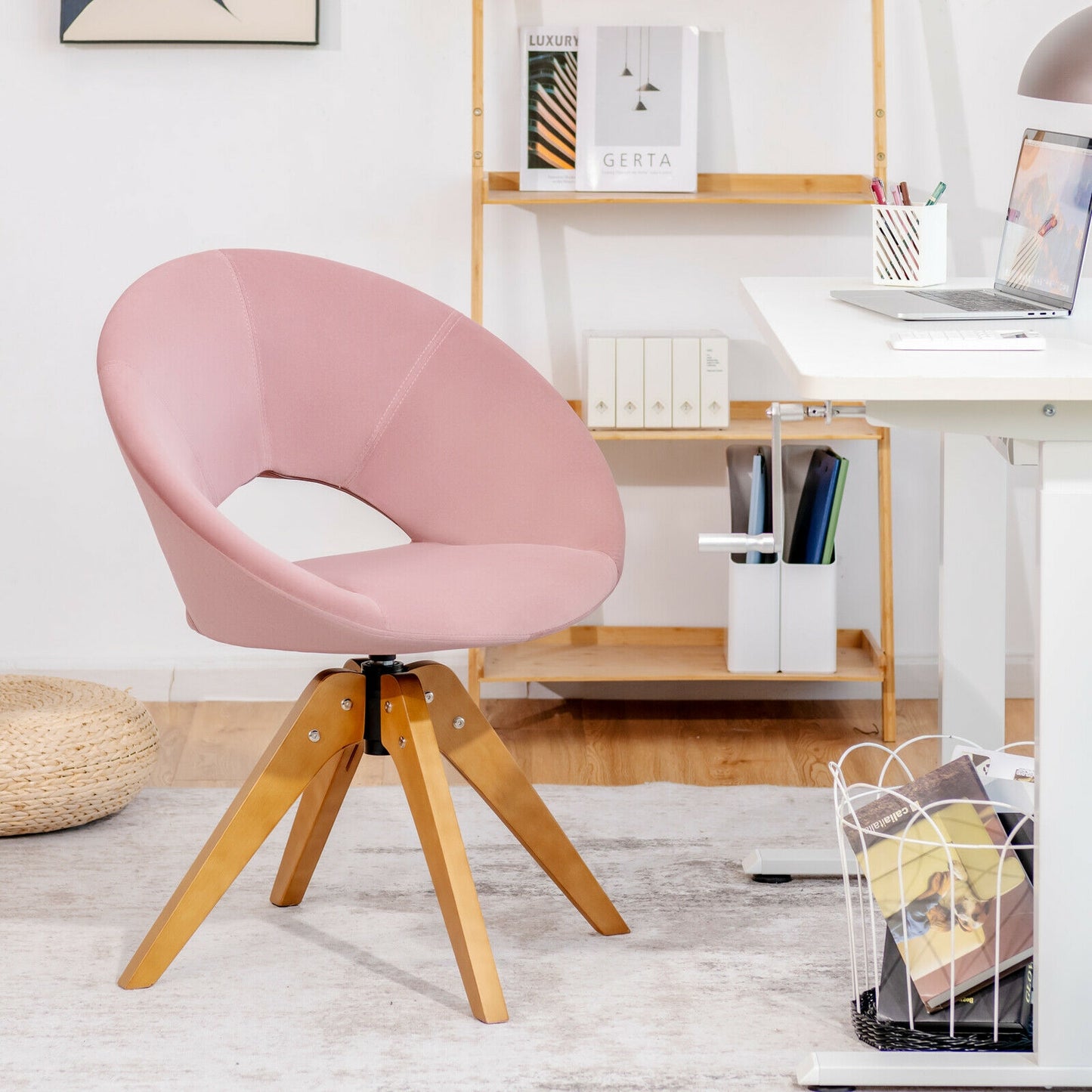 360 Degree Swivel Upholstered Accent Chair with Curved Back and Beech Legs - Pink