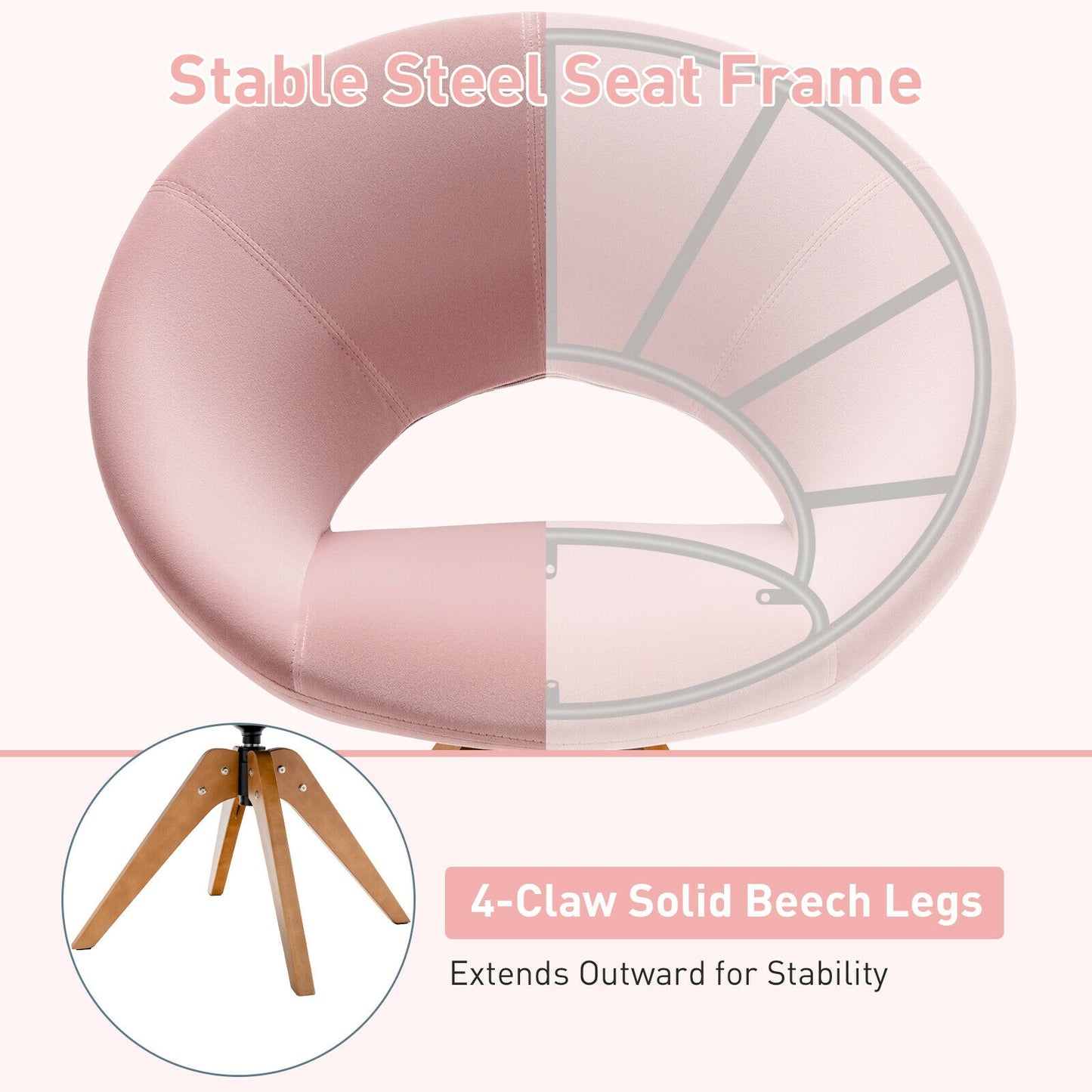 360 Degree Swivel Upholstered Accent Chair with Curved Back and Beech Legs - Pink