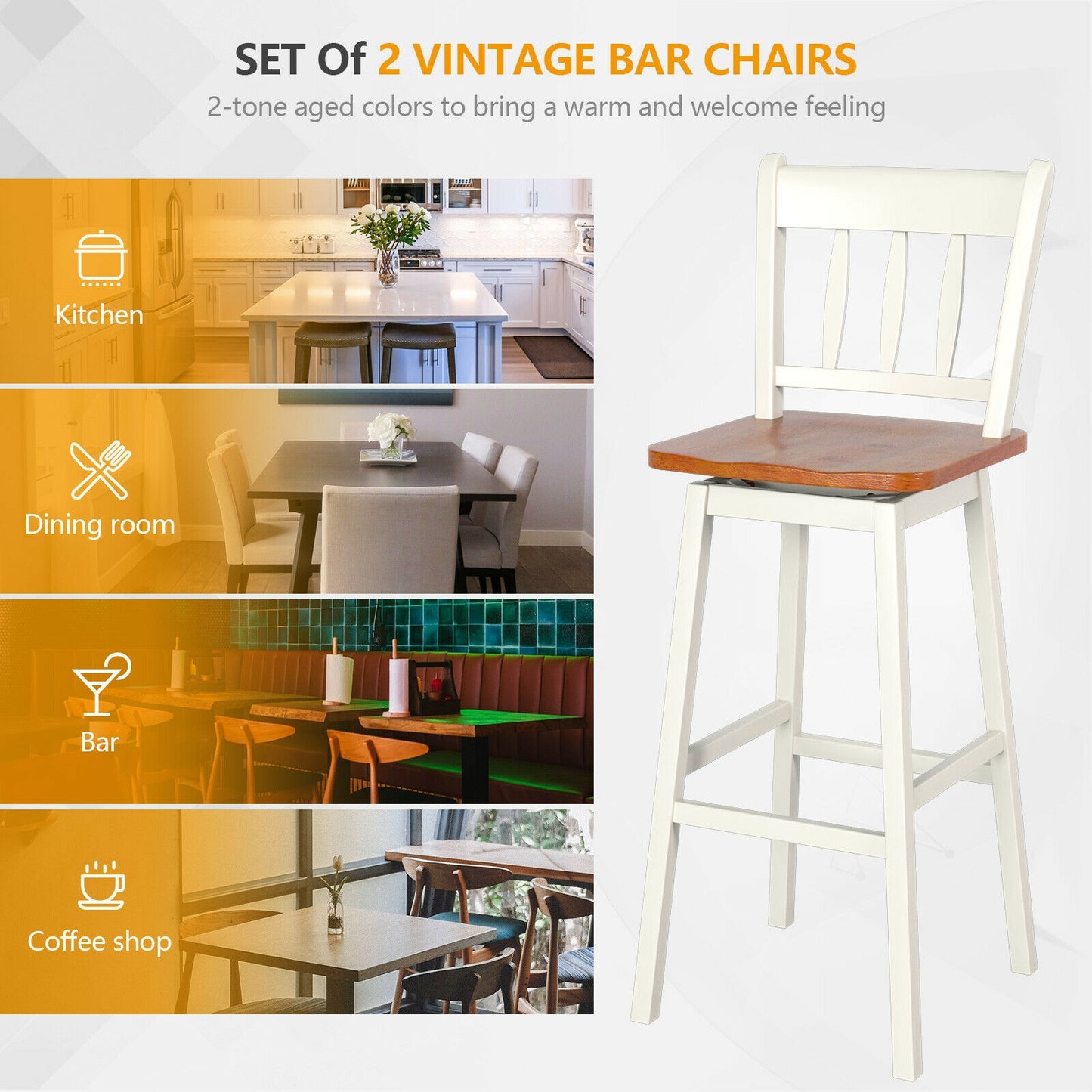 Set of 2 Swivel Counter Bar Stools with Solid Wood Frame, 30.5 Inch Seat Height, White