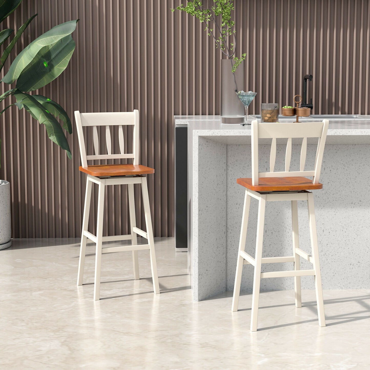 Set of 2 Swivel Counter Bar Stools with Solid Wood Frame, 30.5 Inch Seat Height, White