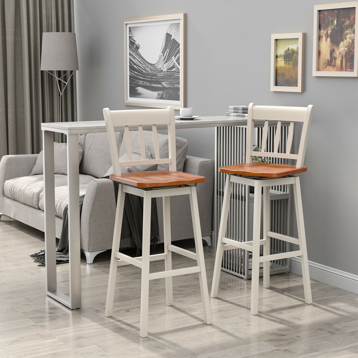 Set of 2 Swivel Counter Bar Stools with Solid Wood Frame, 30.5 Inch Seat Height, White