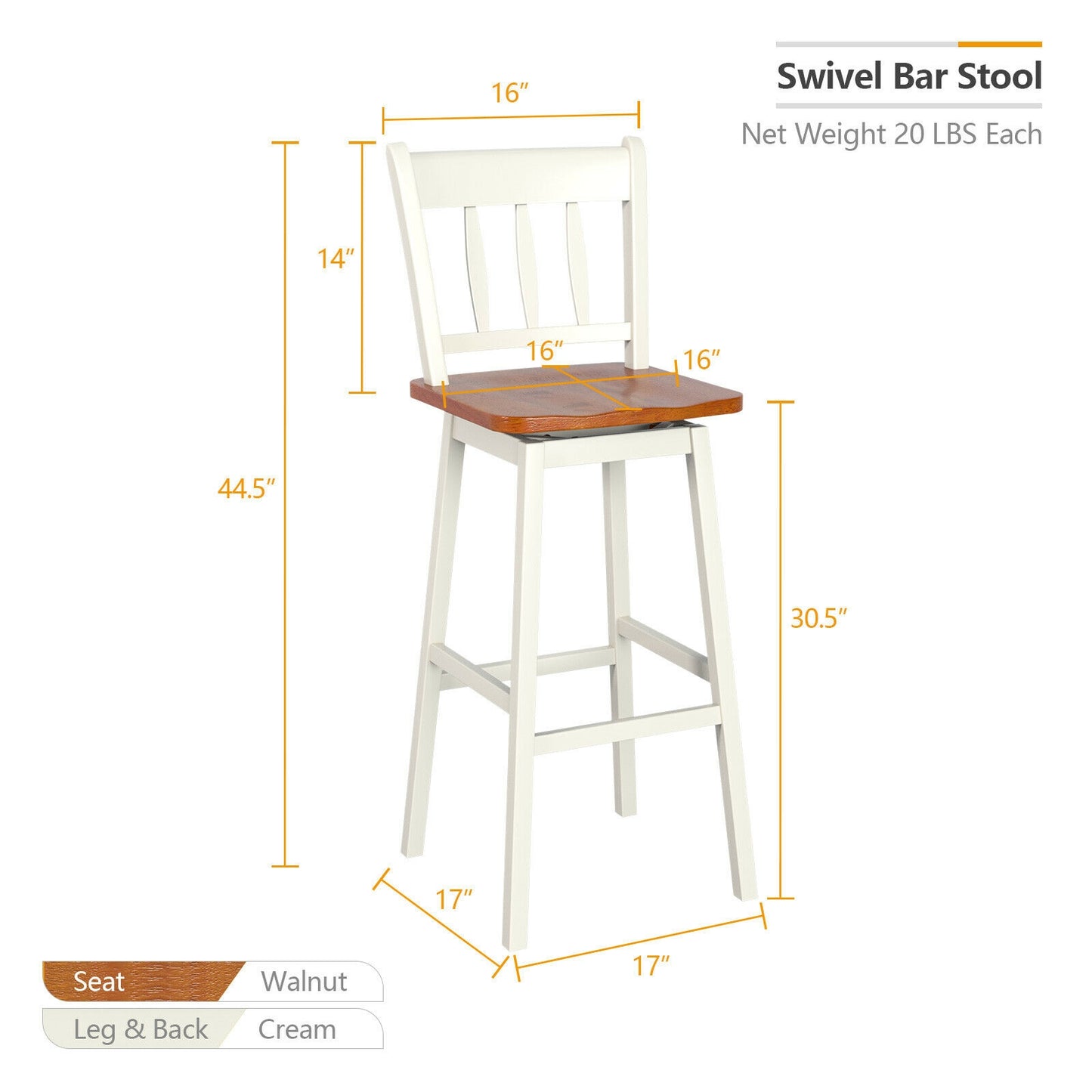 Set of 2 Swivel Counter Bar Stools with Solid Wood Frame, 30.5 Inch Seat Height, White