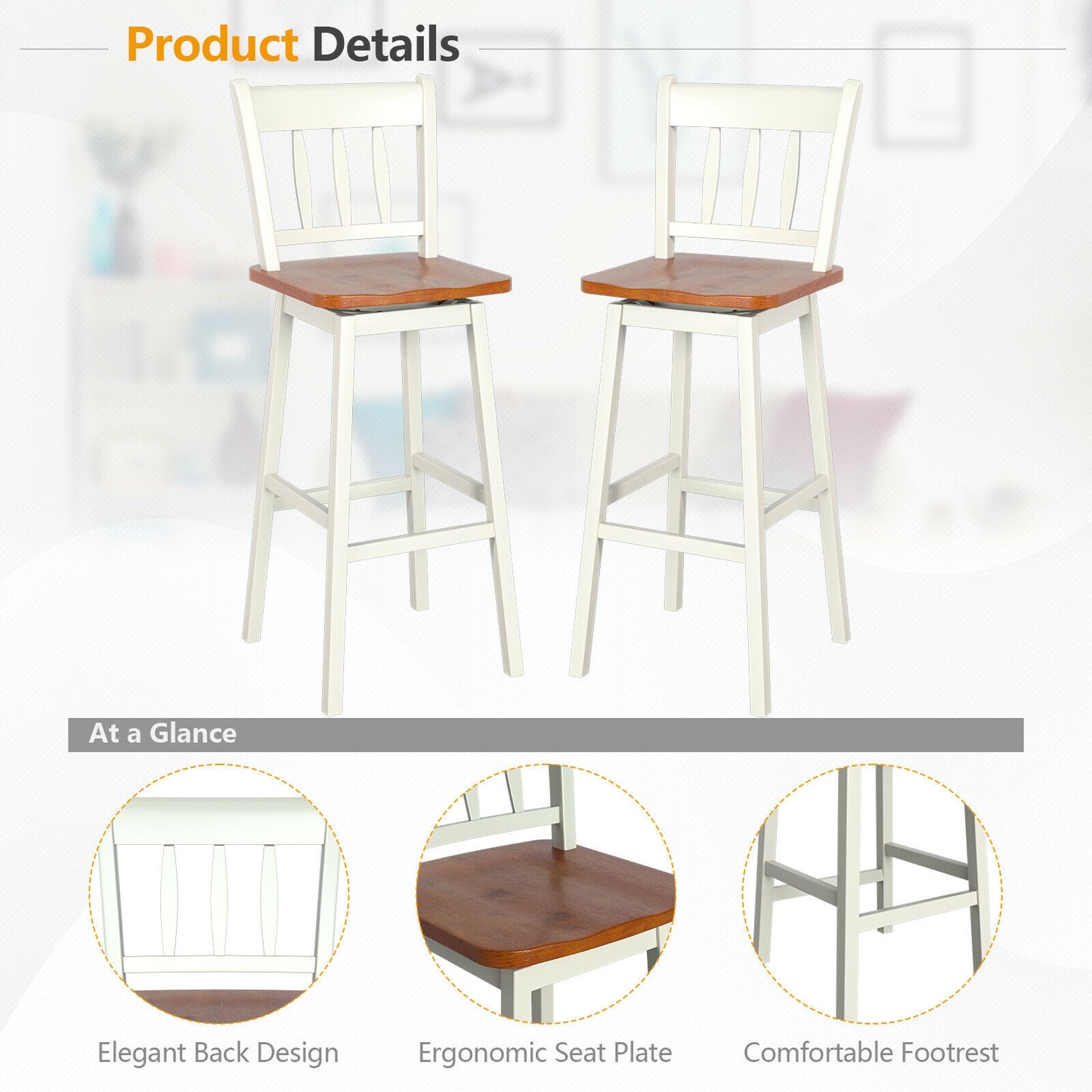 Set of 2 Swivel Counter Bar Stools with Solid Wood Frame, 30.5 Inch Seat Height, White