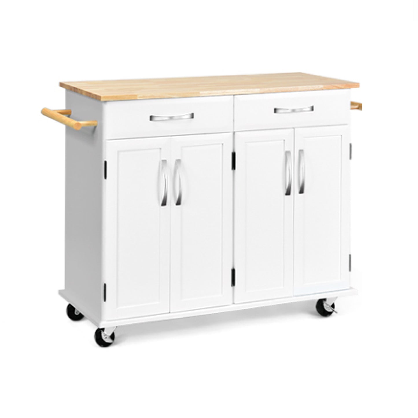 Kitchen Island Cart with Rubber Wood Top and Lockable Rolling Wheels, White