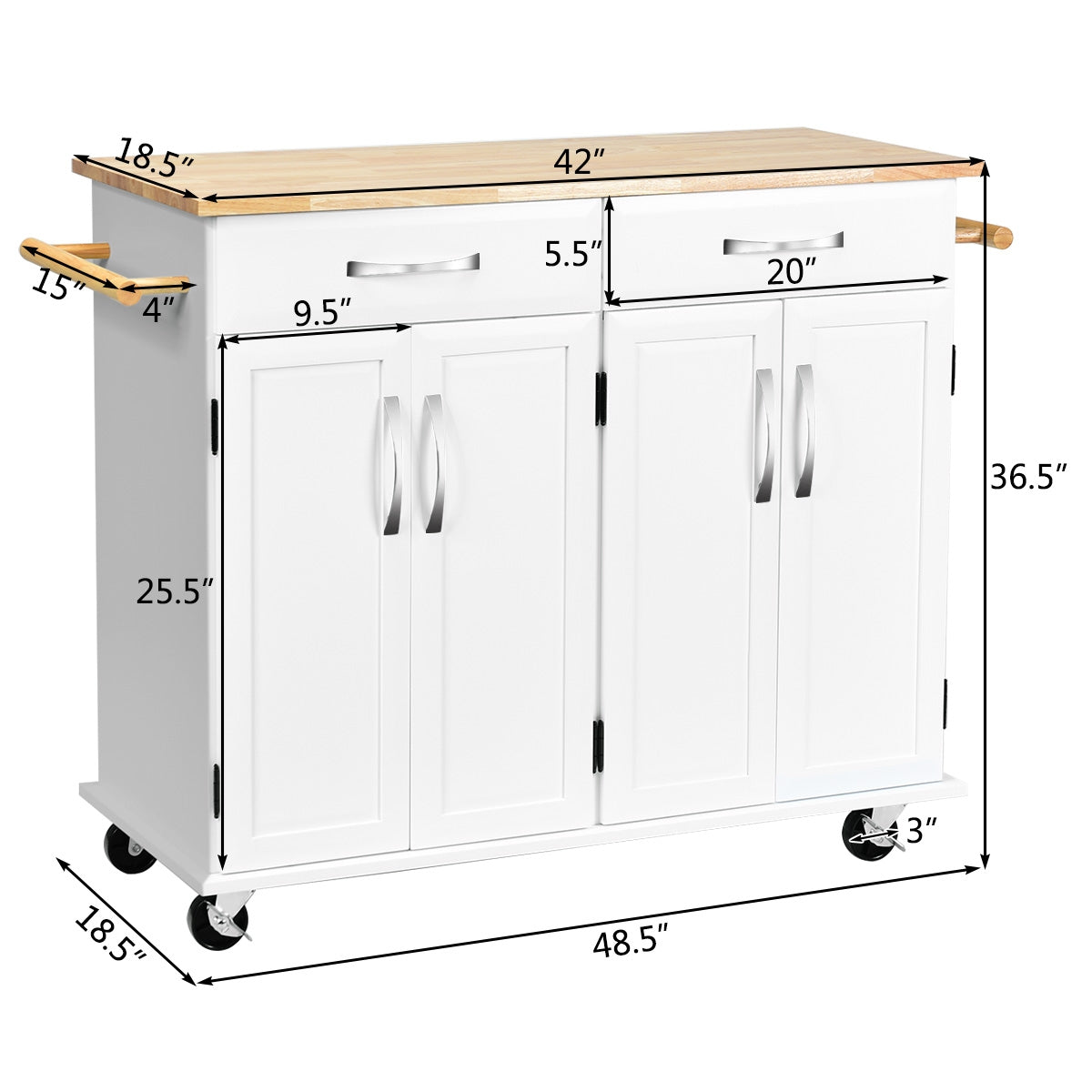Kitchen Island Cart with Rubber Wood Top and Lockable Rolling Wheels, White