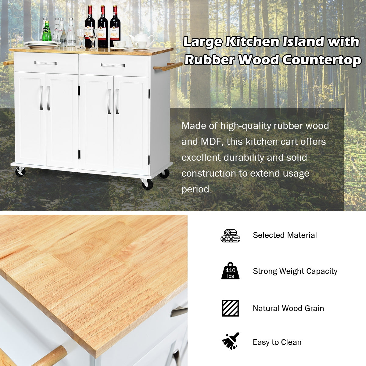 Kitchen Island Cart with Rubber Wood Top and Lockable Rolling Wheels, White