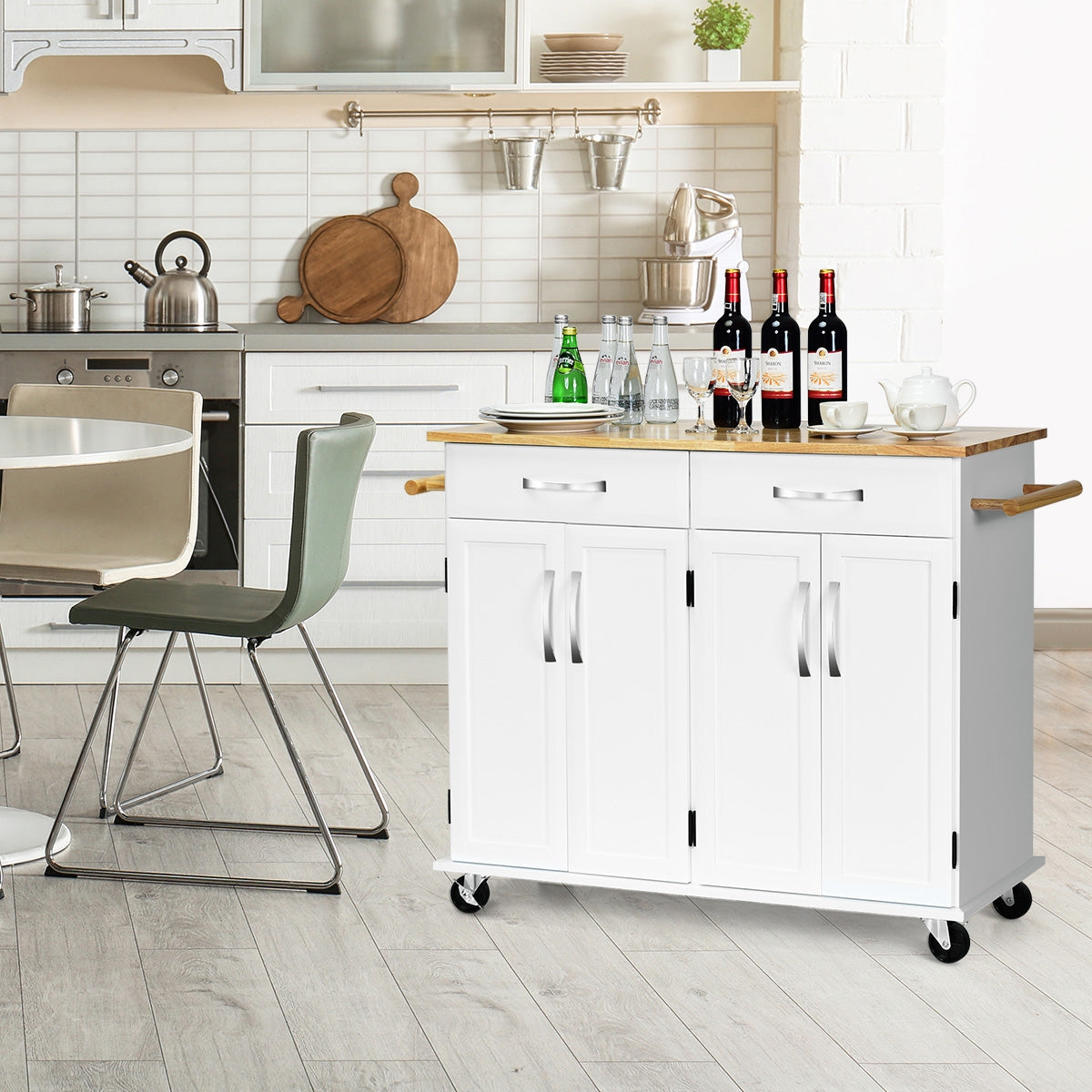 Kitchen Island Cart with Rubber Wood Top and Lockable Rolling Wheels, White