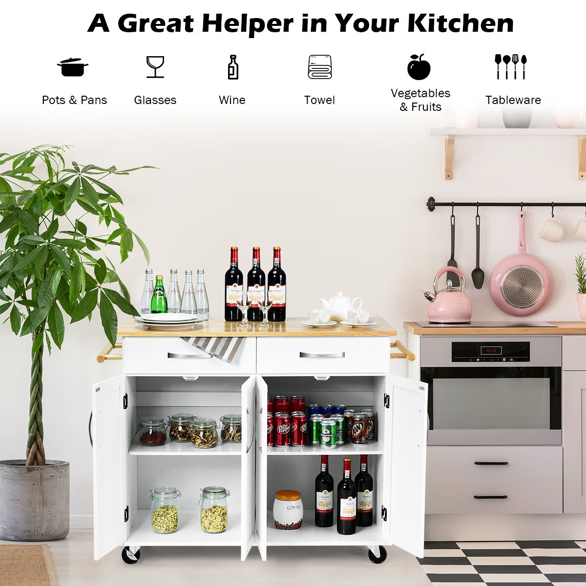 Kitchen Island Cart with Rubber Wood Top and Lockable Rolling Wheels, White
