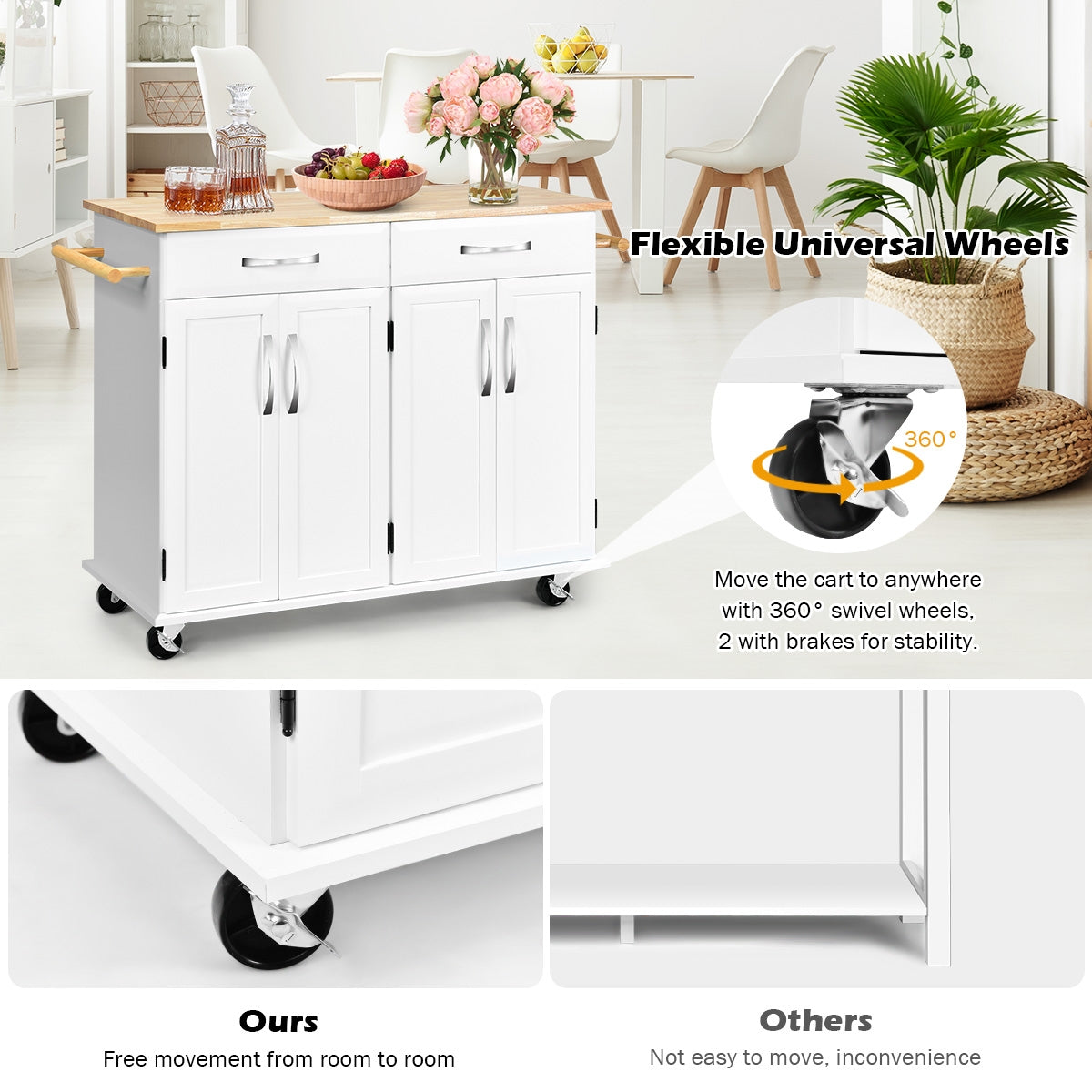 Kitchen Island Cart with Rubber Wood Top and Lockable Rolling Wheels, White