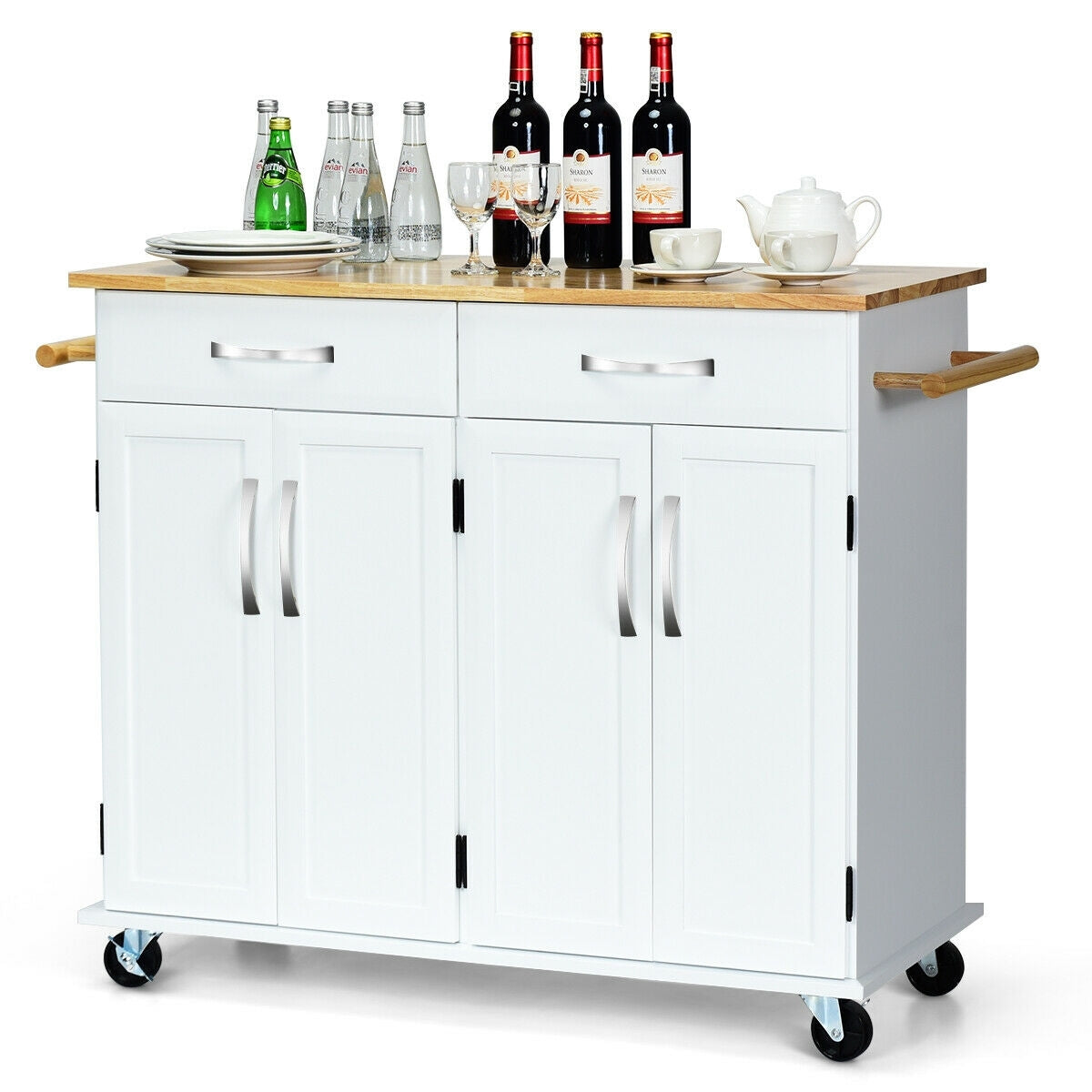 Kitchen Island Cart with Rubber Wood Top and Lockable Rolling Wheels, White