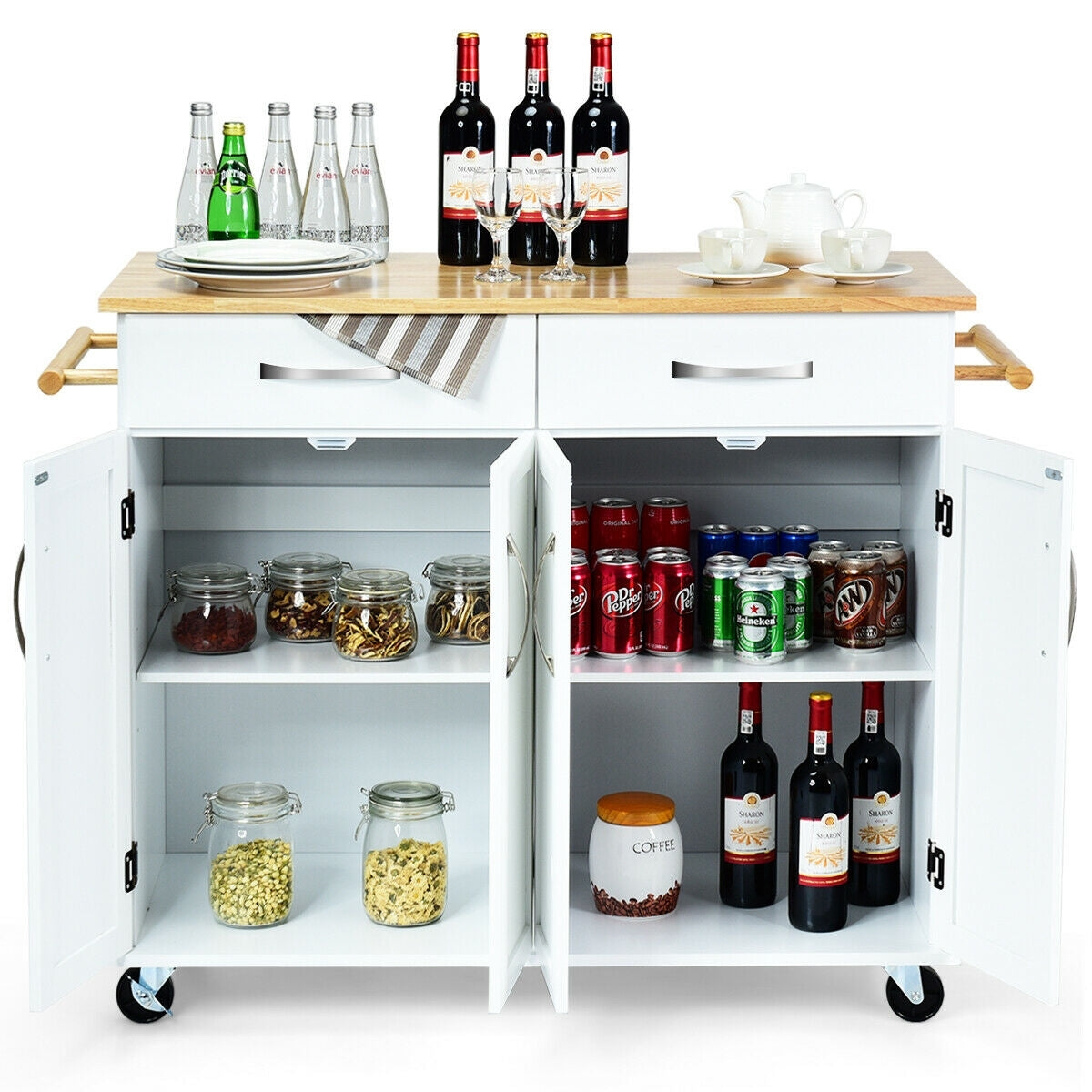 Kitchen Island Cart with Rubber Wood Top and Lockable Rolling Wheels, White