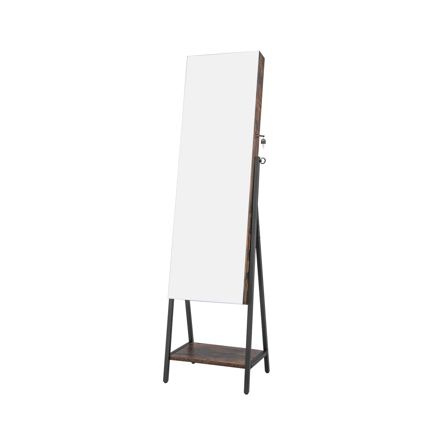 Full-Length Mirror Jewelry Armoire with LED Lights and Lockable Storage – Rustic Brown
