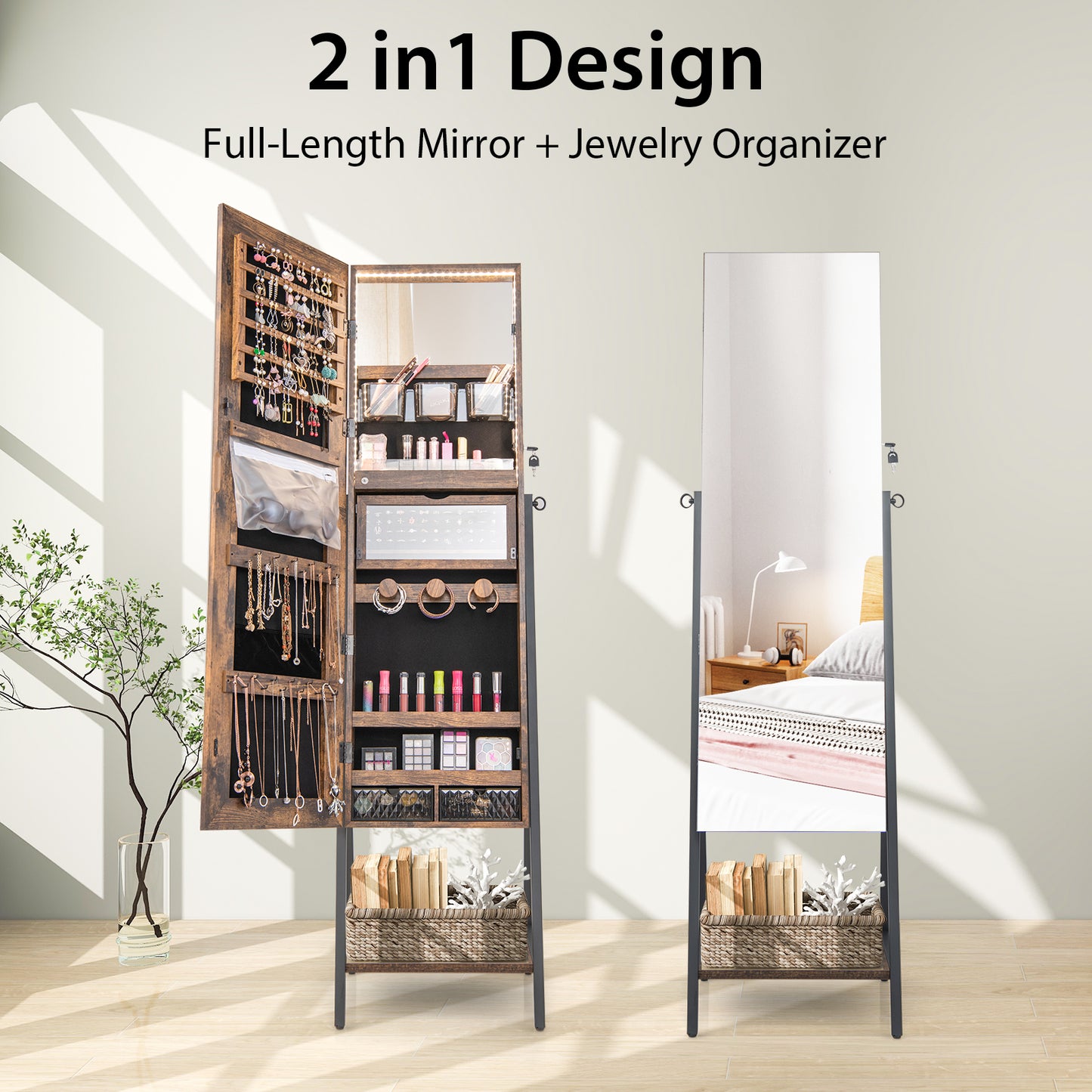 Full-Length Mirror Jewelry Armoire with LED Lights and Lockable Storage – Rustic Brown
