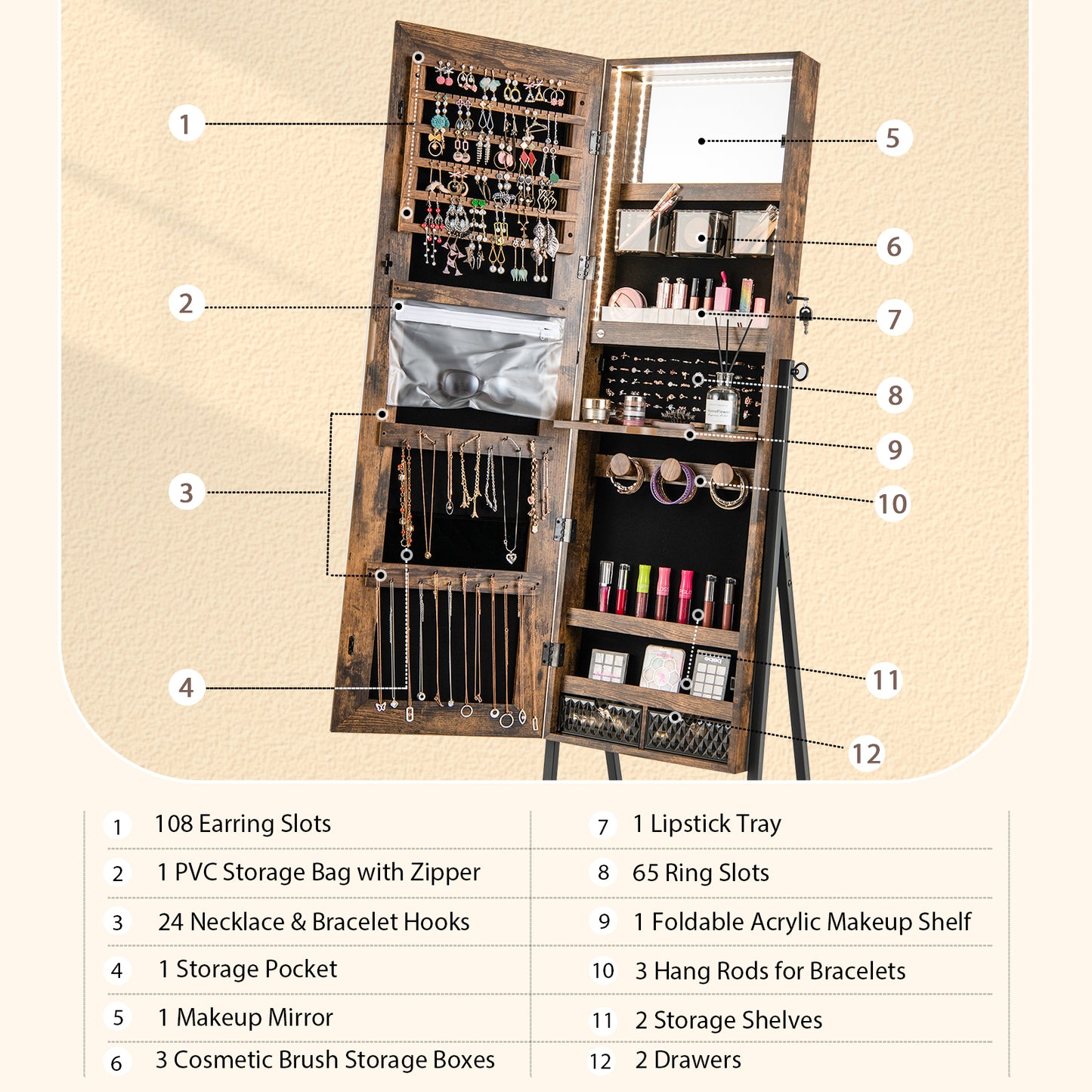 Full-Length Mirror Jewelry Armoire with LED Lights and Lockable Storage – Rustic Brown