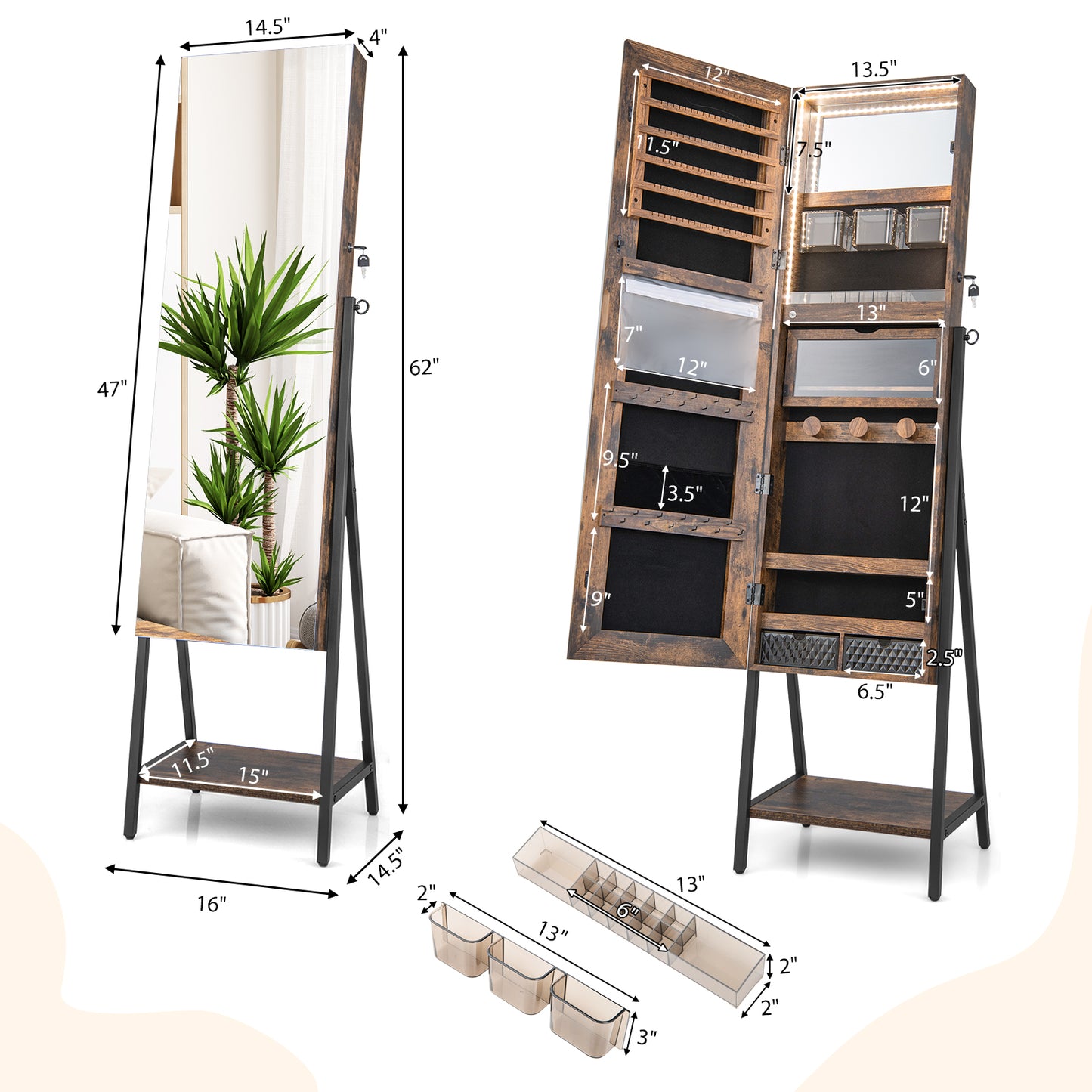 Full-Length Mirror Jewelry Armoire with LED Lights and Lockable Storage – Rustic Brown