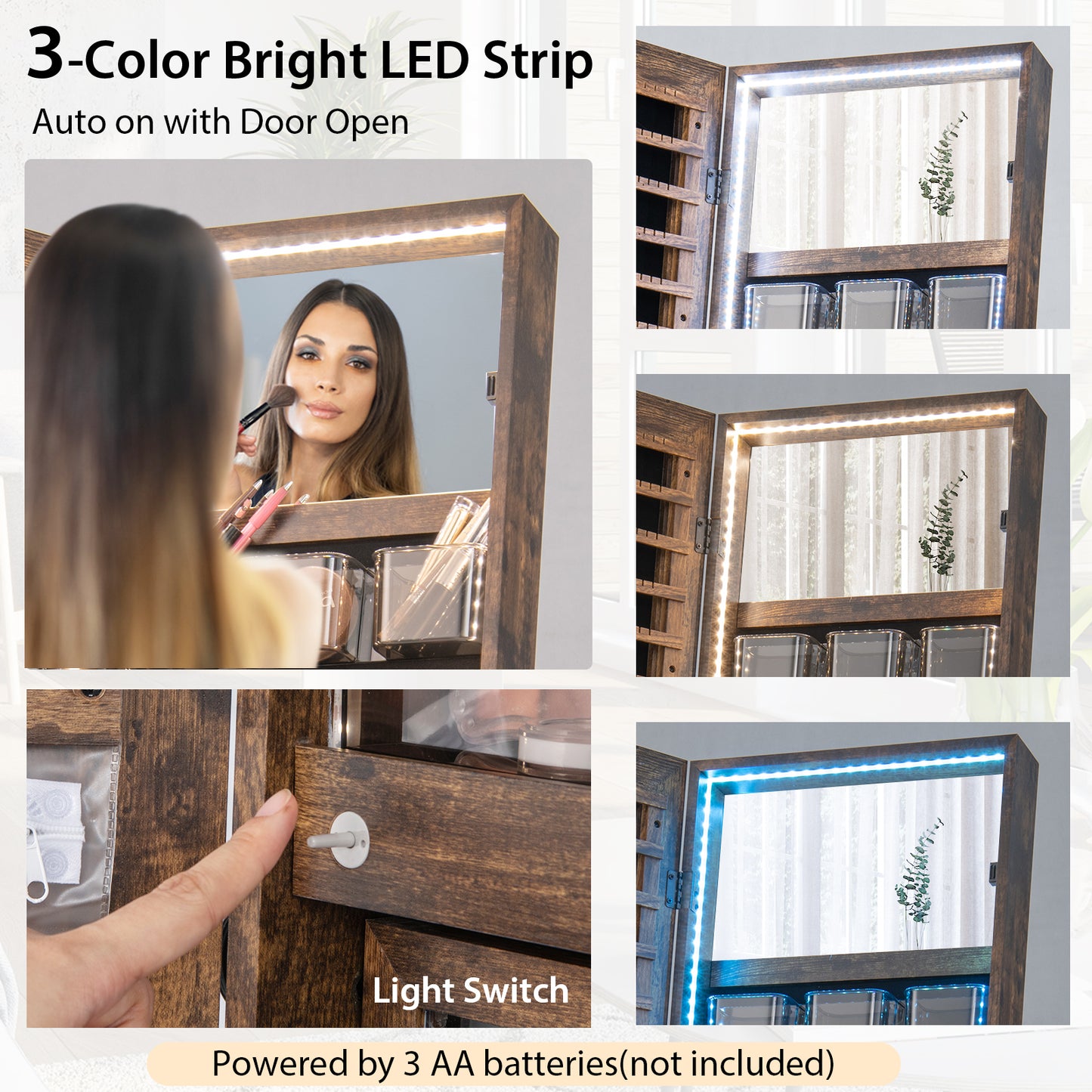Full-Length Mirror Jewelry Armoire with LED Lights and Lockable Storage – Rustic Brown