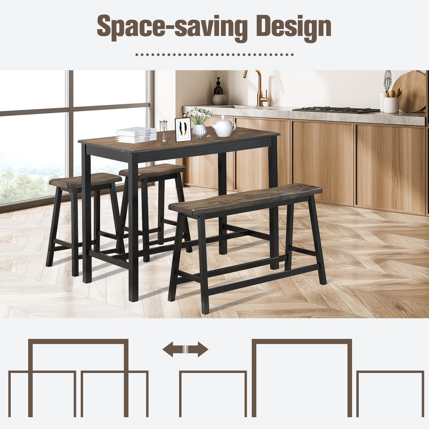 4 Piece Solid Wood Counter Height Dining Set in Coffee with Bench and Stools