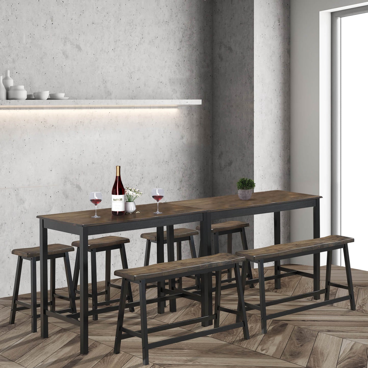 4 Piece Solid Wood Counter Height Dining Set in Coffee with Bench and Stools