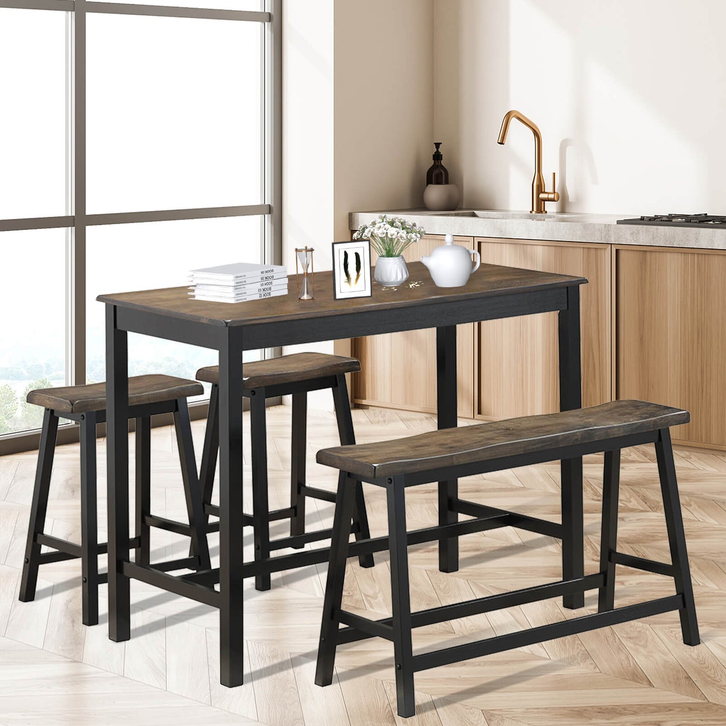 4 Piece Solid Wood Counter Height Dining Set in Coffee with Bench and Stools